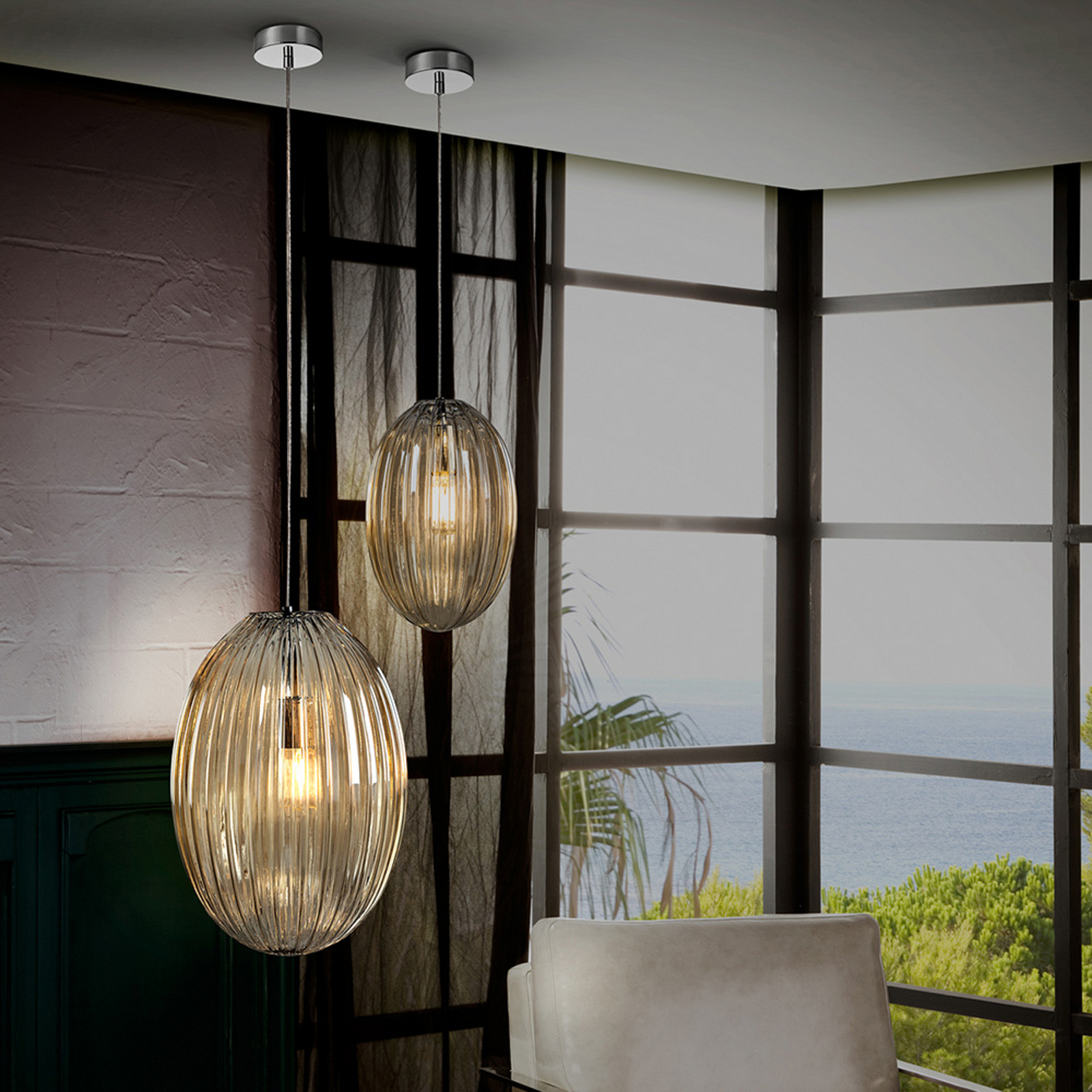 Hanglamp Ovila, 1-lamp, Ø 20 cm, chroom/cognac, glas