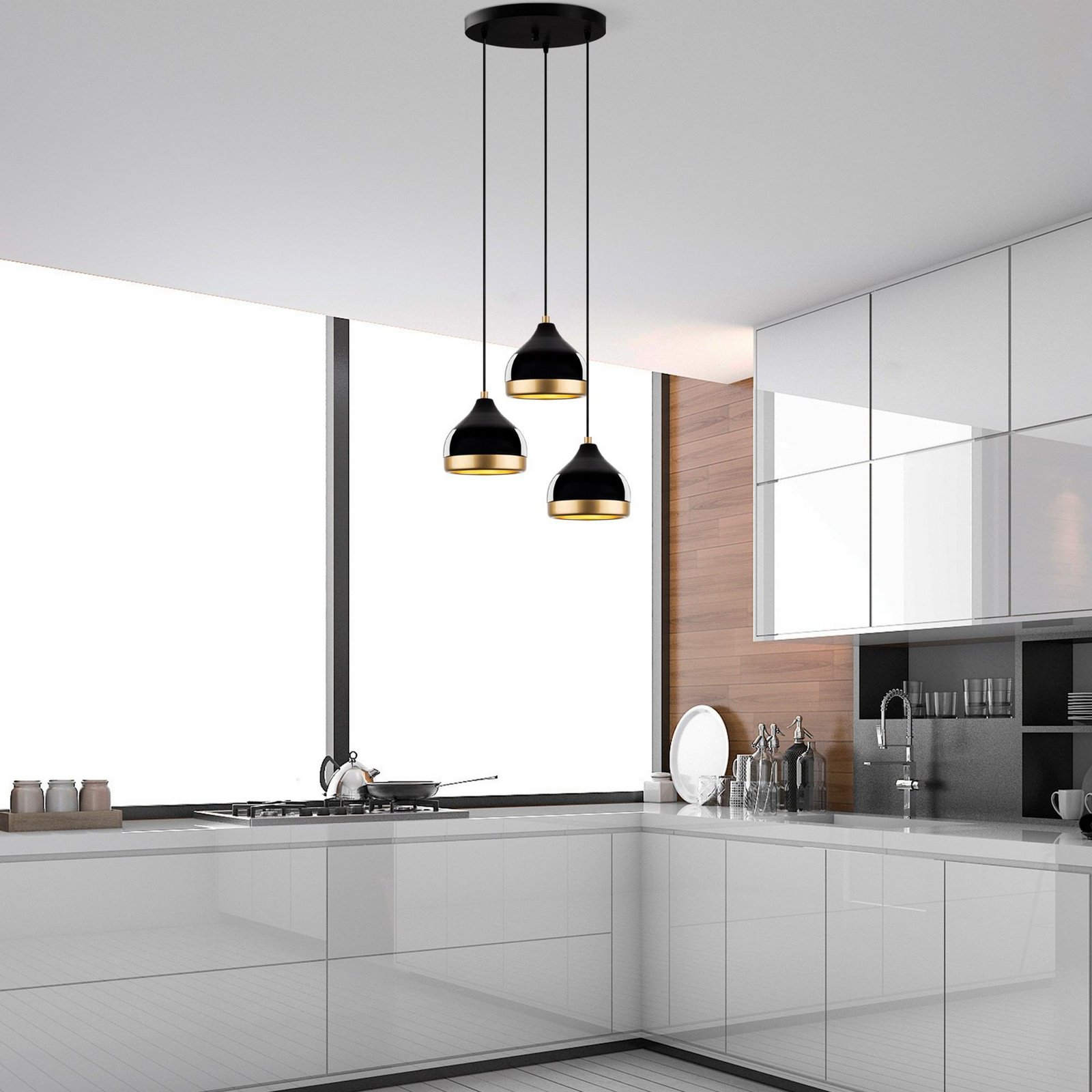 Yildo pendant light, 3-bulb, black/gold, round, Ø37 cm