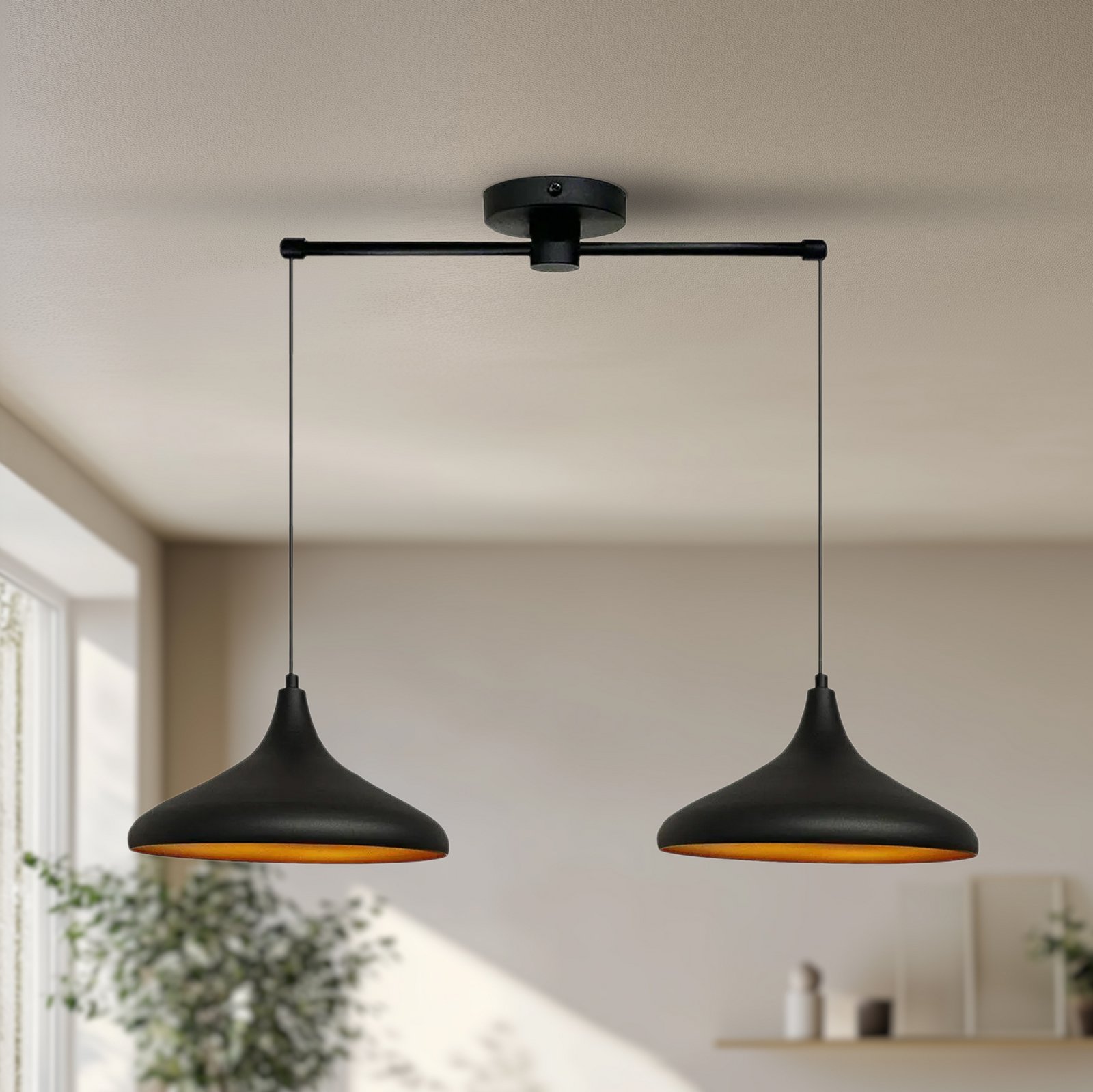 Claus pendant light, black, length 85 cm, 2-bulb, metal