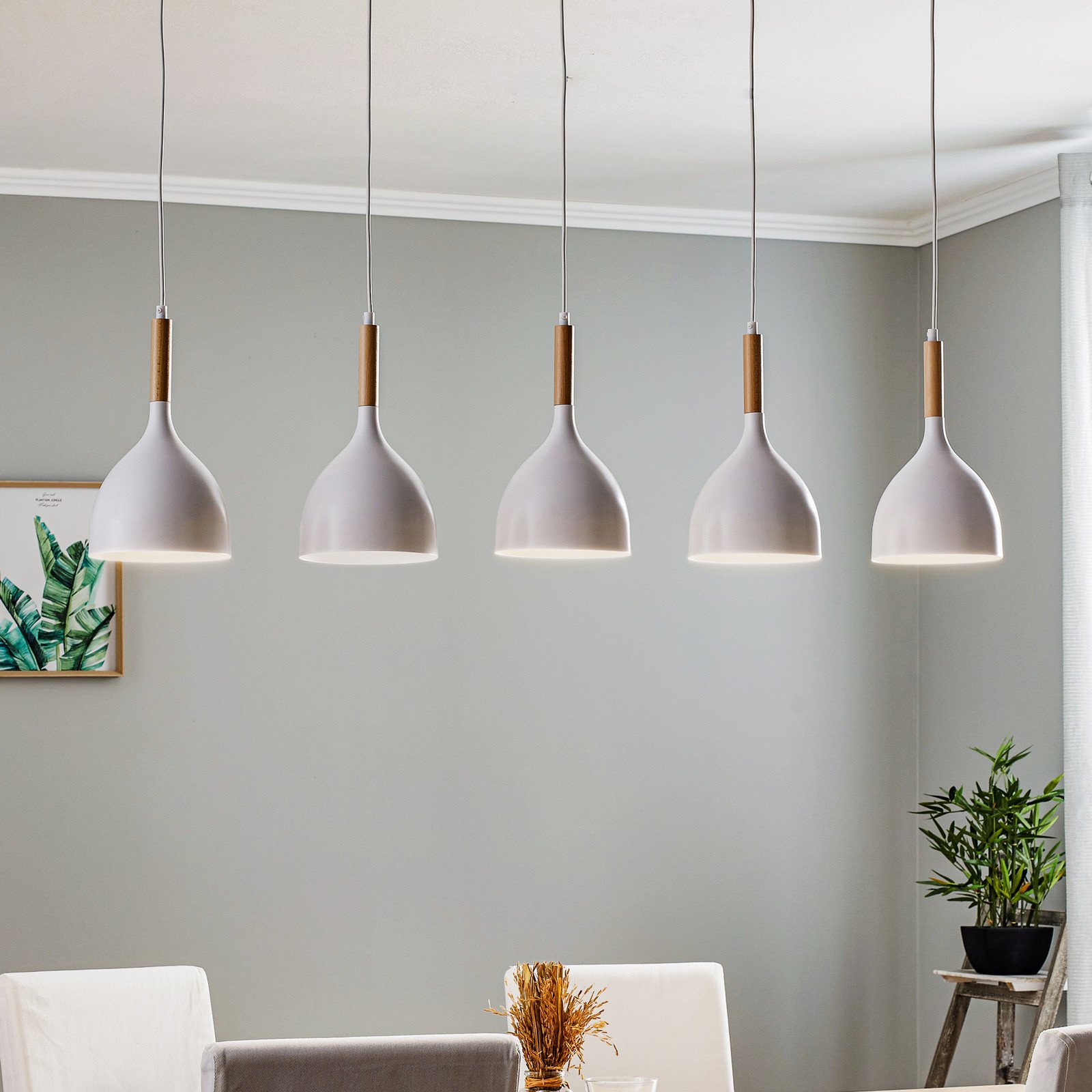 Luminex Lampă suspendată Noak 5 becuri lungă alb/lemn natural - Camera de zi / sufragerie - alb lemn deschis - Metal