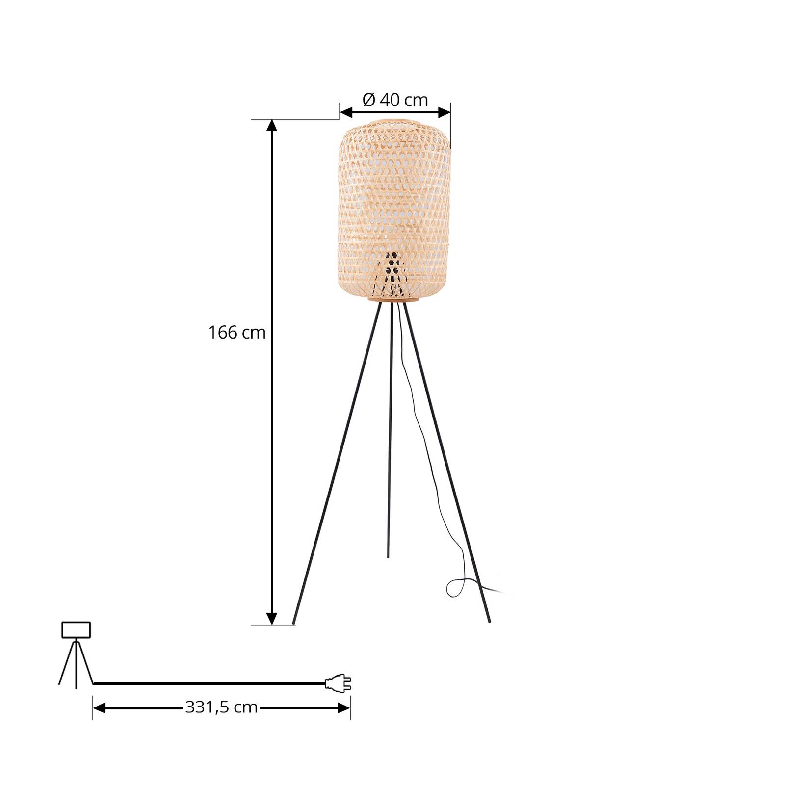 Lampa stojąca Lucande Jorick, bambus, trójnóg, wysokość 166 cm