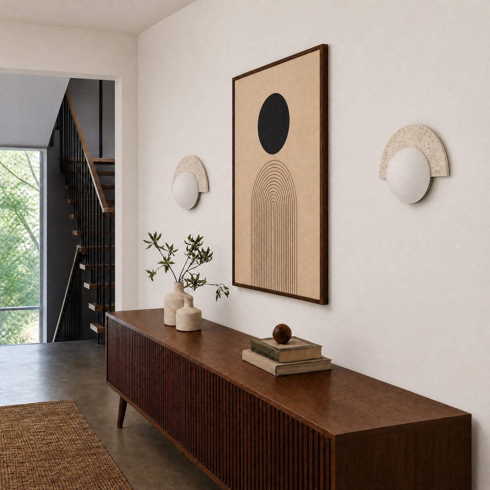 Lucande Larissa LED wall light, 28 cm, beige, travertine glass