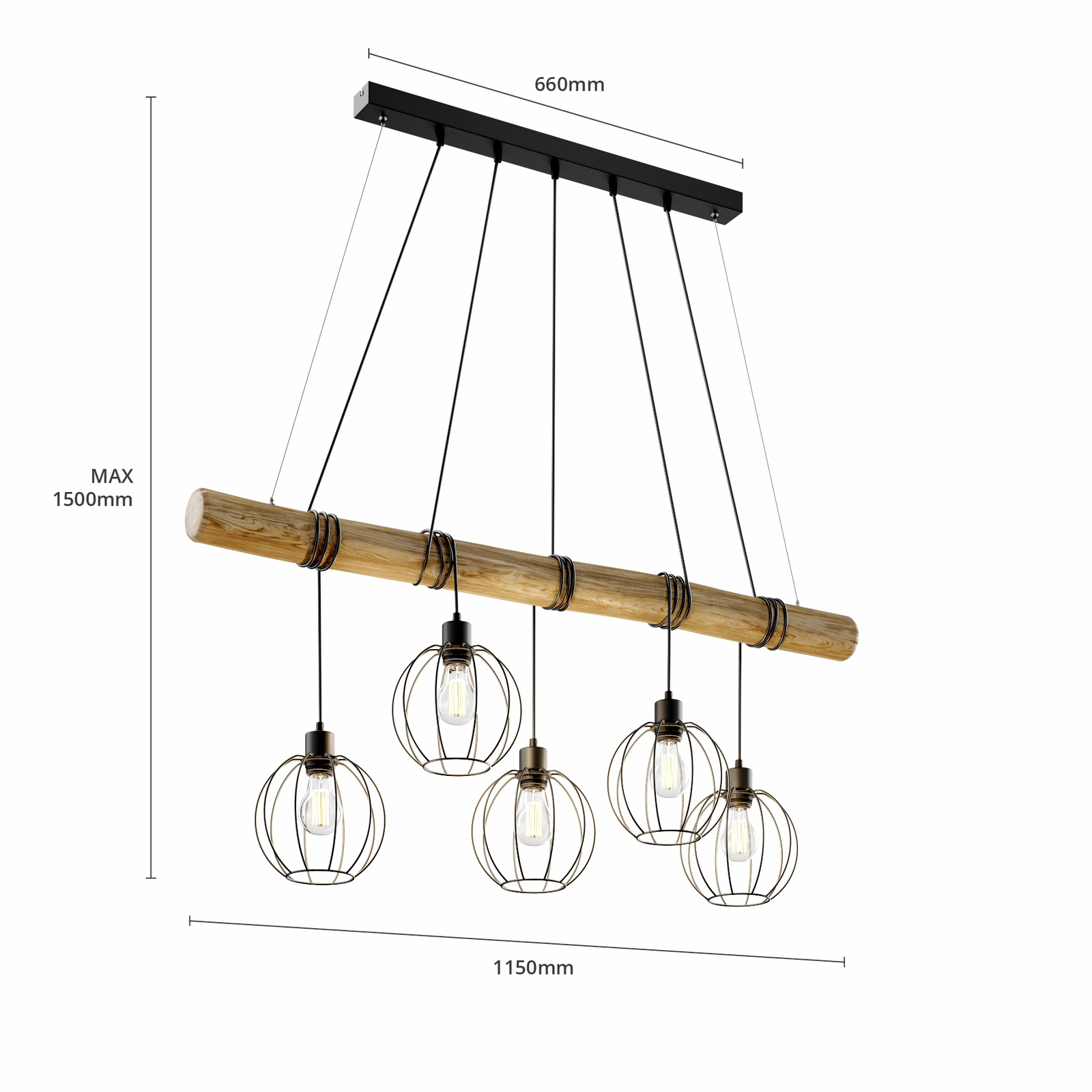 Hanglamp Karou, 5-lamps, bruin gebeitst