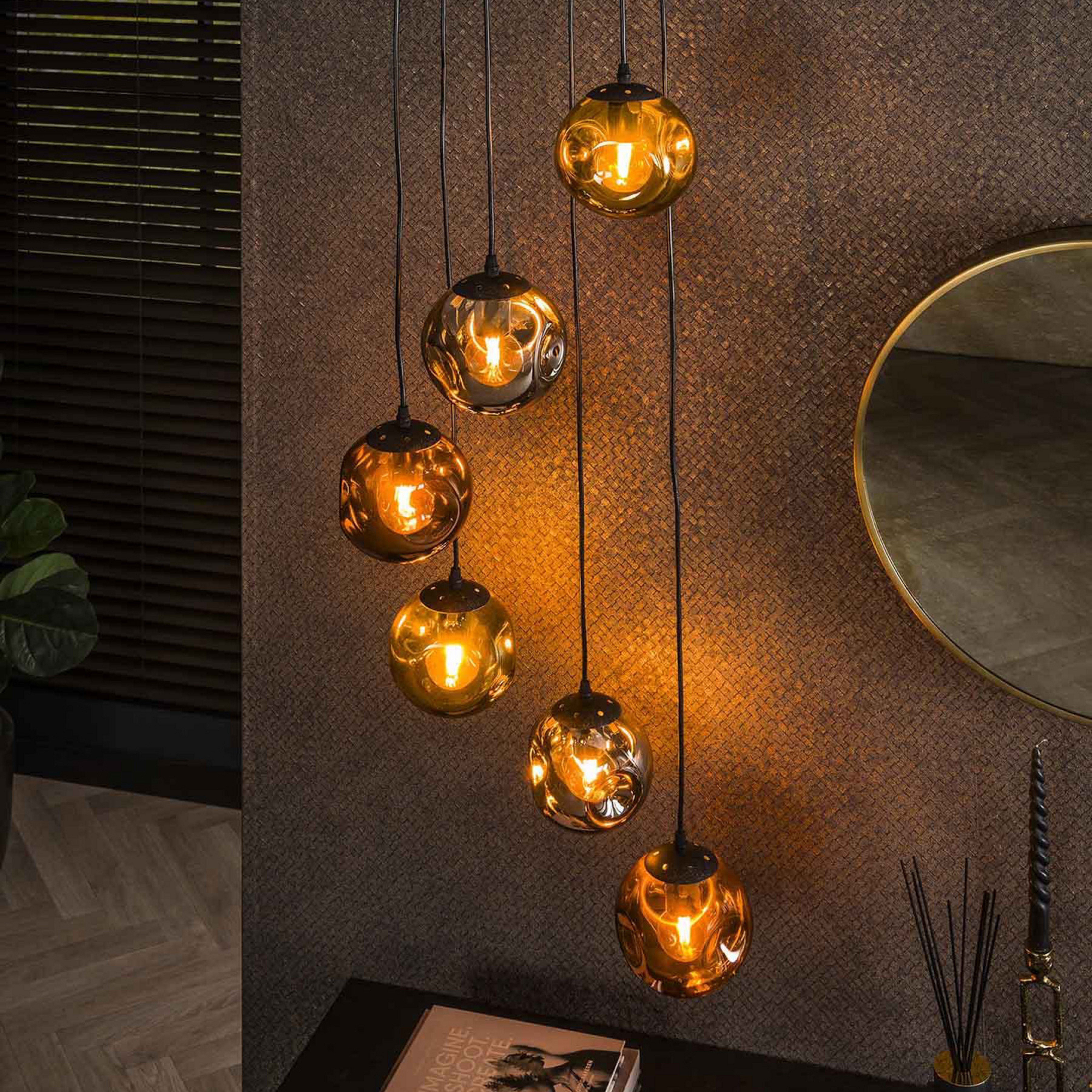 Candeeiro suspenso Stellar, ouro/prata/cobre, Ø 50 cm, vidro 6 lâmpadas.