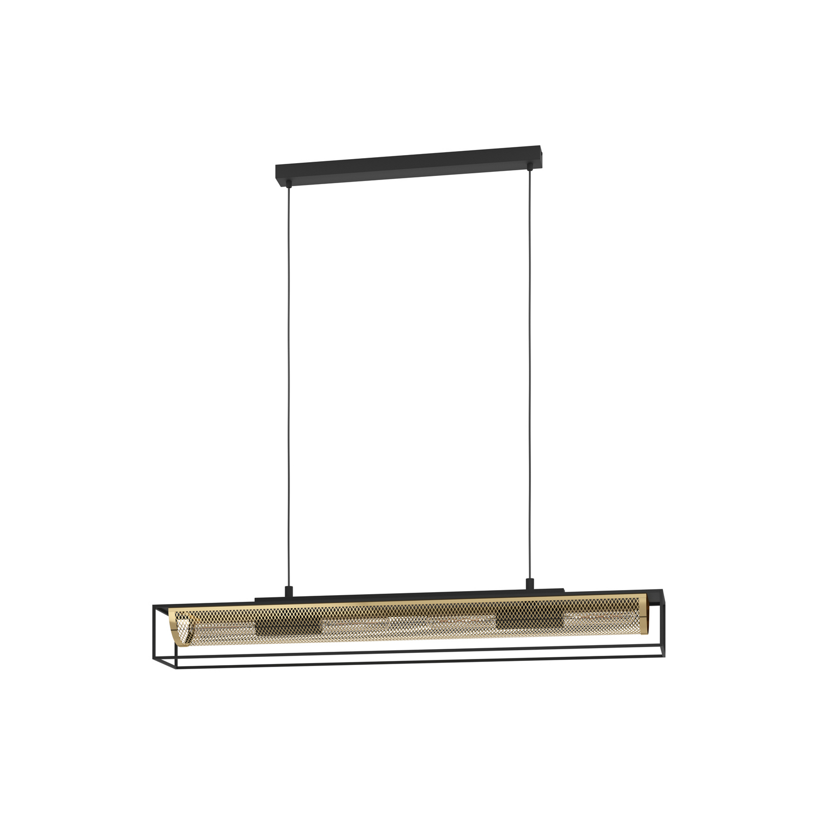 Lampada a sospensione Nohales, 112 cm, nero/ottone, a 4 luci. Lampada a sospensione Nohales, 112 cm, nero/ottone, a 4 luci.