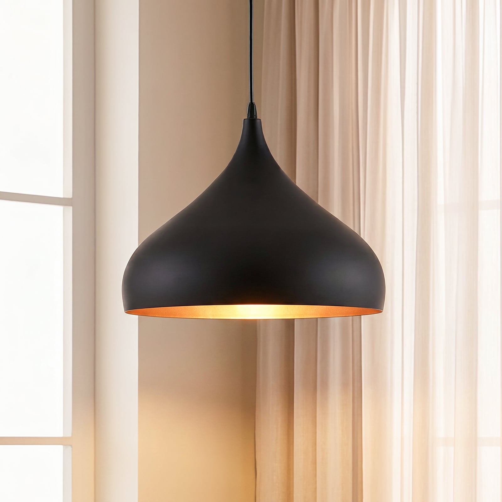 Lindby hanging light Ritana, black-gold, metal, Ø 31cm, E27