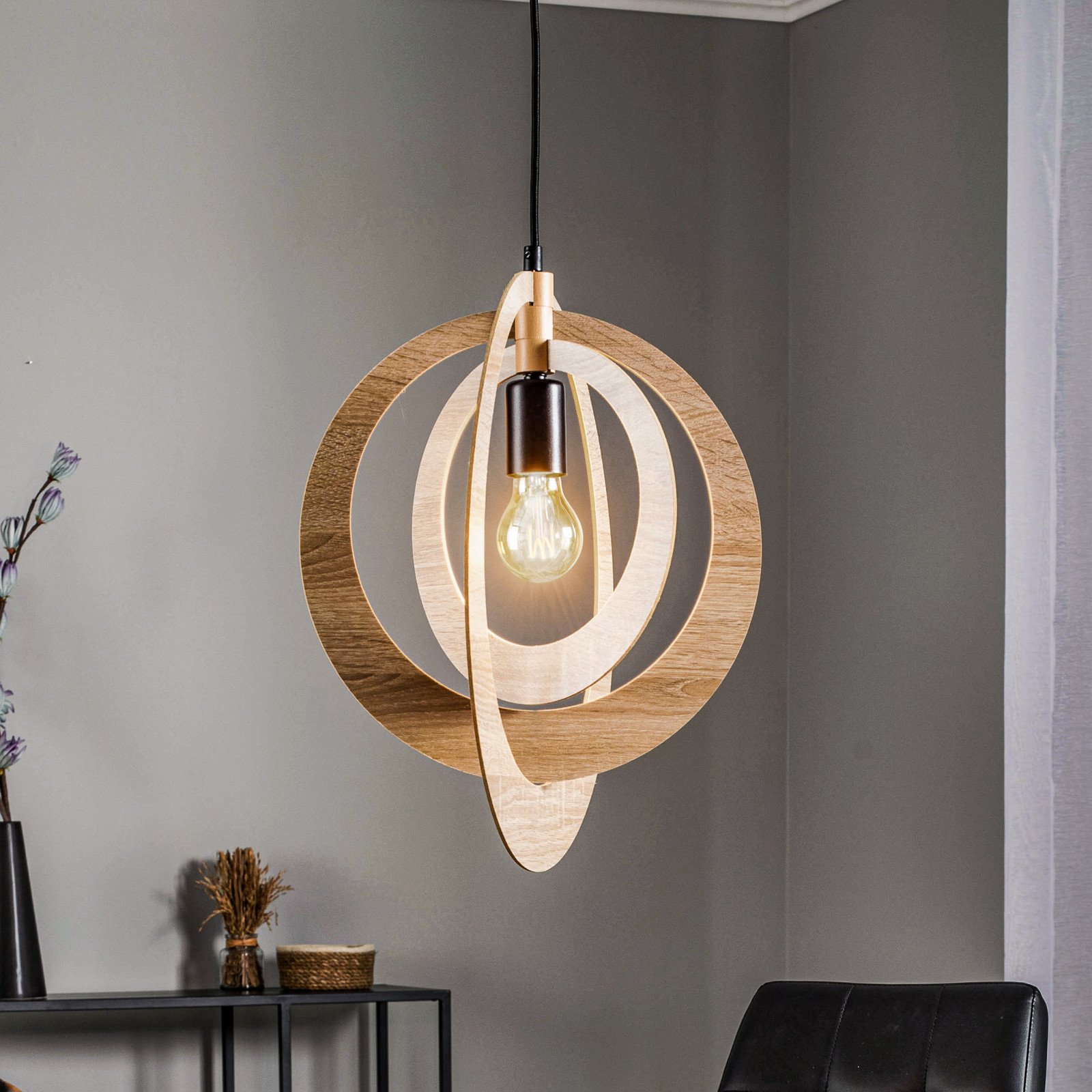 SIGMA Lampă suspendată Glam cu abajur circular - Camera de zi / sufragerie - modern - stejar negru - Lemn