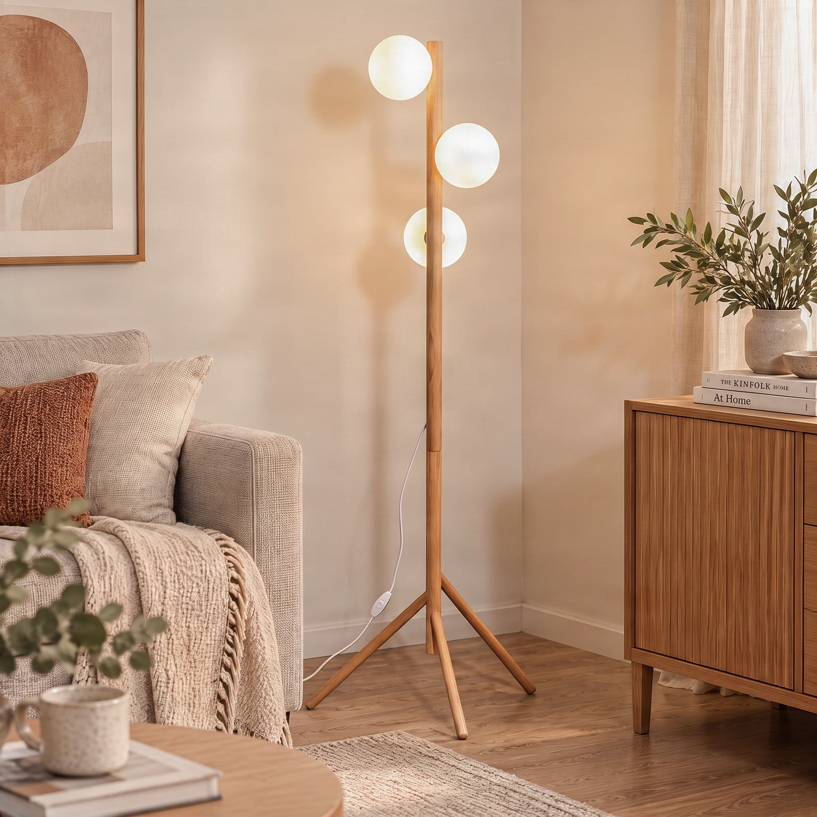 TK Lighting Подова лампа Estera, опалово стъкло, дървена рамка, 132 cm, 3 светлини
