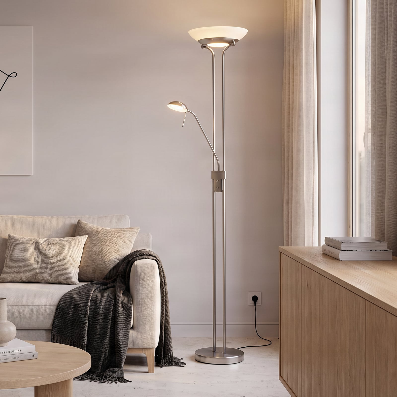Lampa stojąca Yveta, nikiel/biała – Lindby Lampa stojąca Yveta, nikiel/biała – Lindby