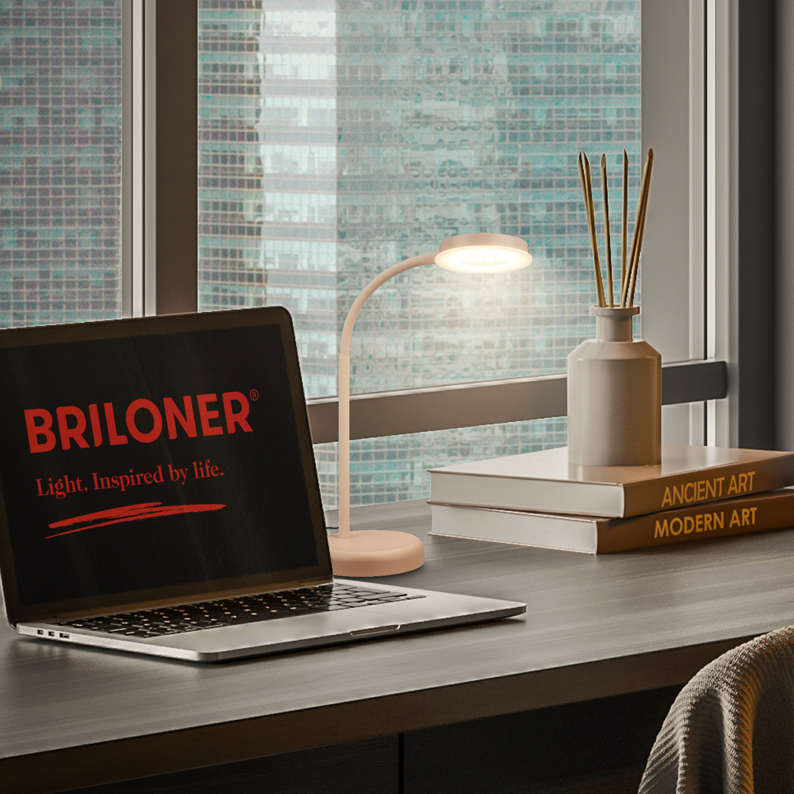 LED-bordlampe Megg, beige, metall, dimmer, 3000 K