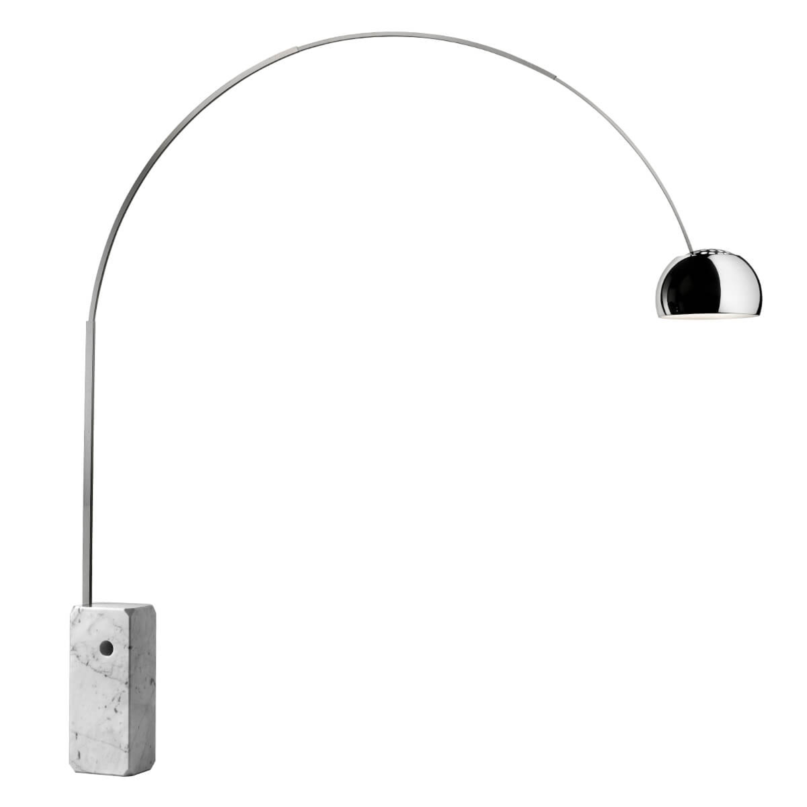Flos High-quality designer arc lamp Arco, for Living / Dining Room, carrara marble, stainless steel, aluminium, E27, 70 W, energy efficiency: A++, H: 232 cm