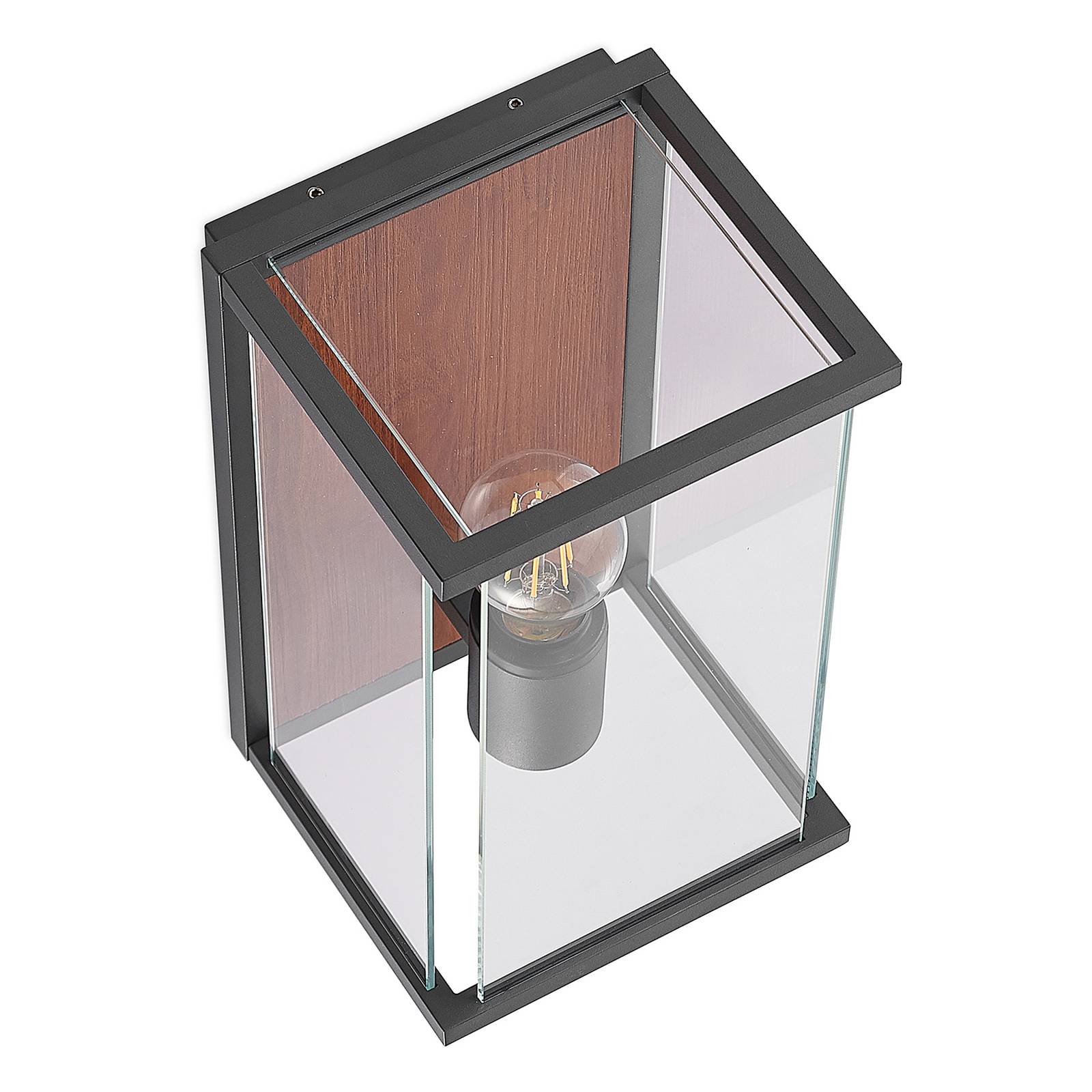 Lucande Elwin wall light, angular, one-bulb, die-cast aluminium, SPC, glass, E27, 15 W, W: 18 cm, H: 30 cm