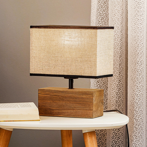 Bordslampa Theo, nötträd, textilskärm, beige