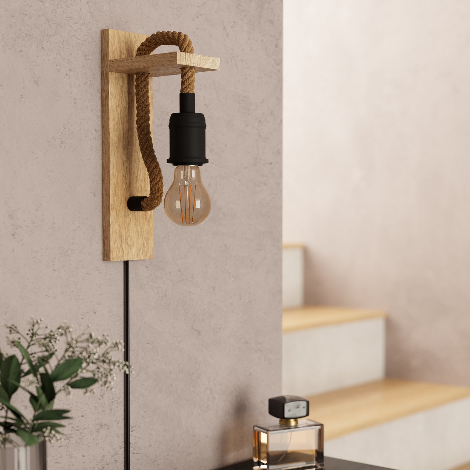 Rampos sieninis šviestuvas iš medžio ir virvės, be atspalvio