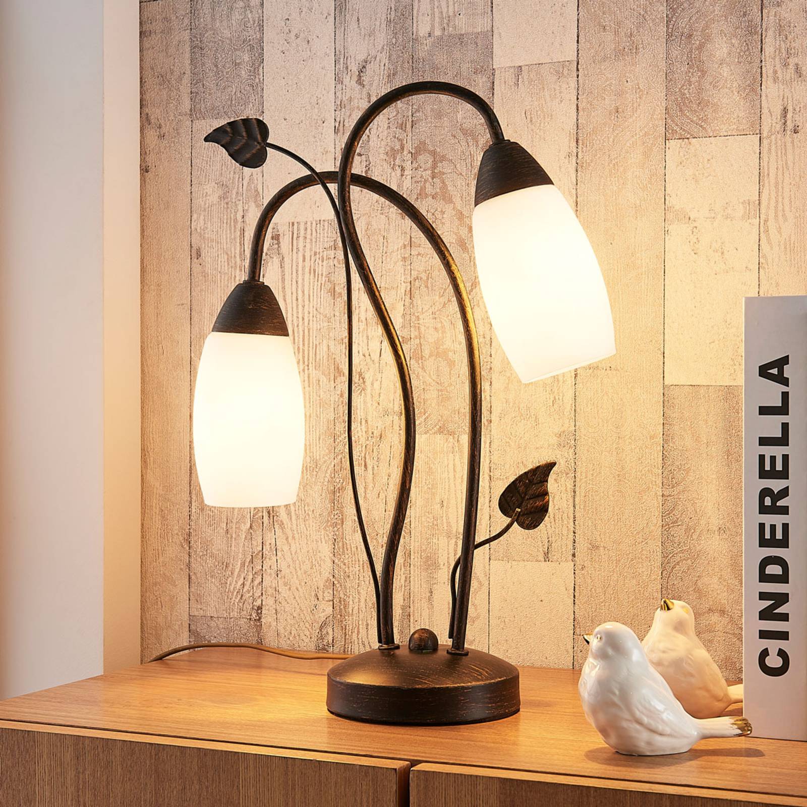 Lindby bordlampe Stefania svart/gull glass E14 40 cm