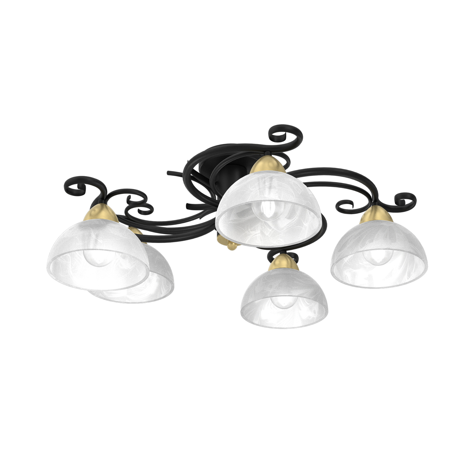 Taklampe Flora, 5 glasskjermer, svart/messing