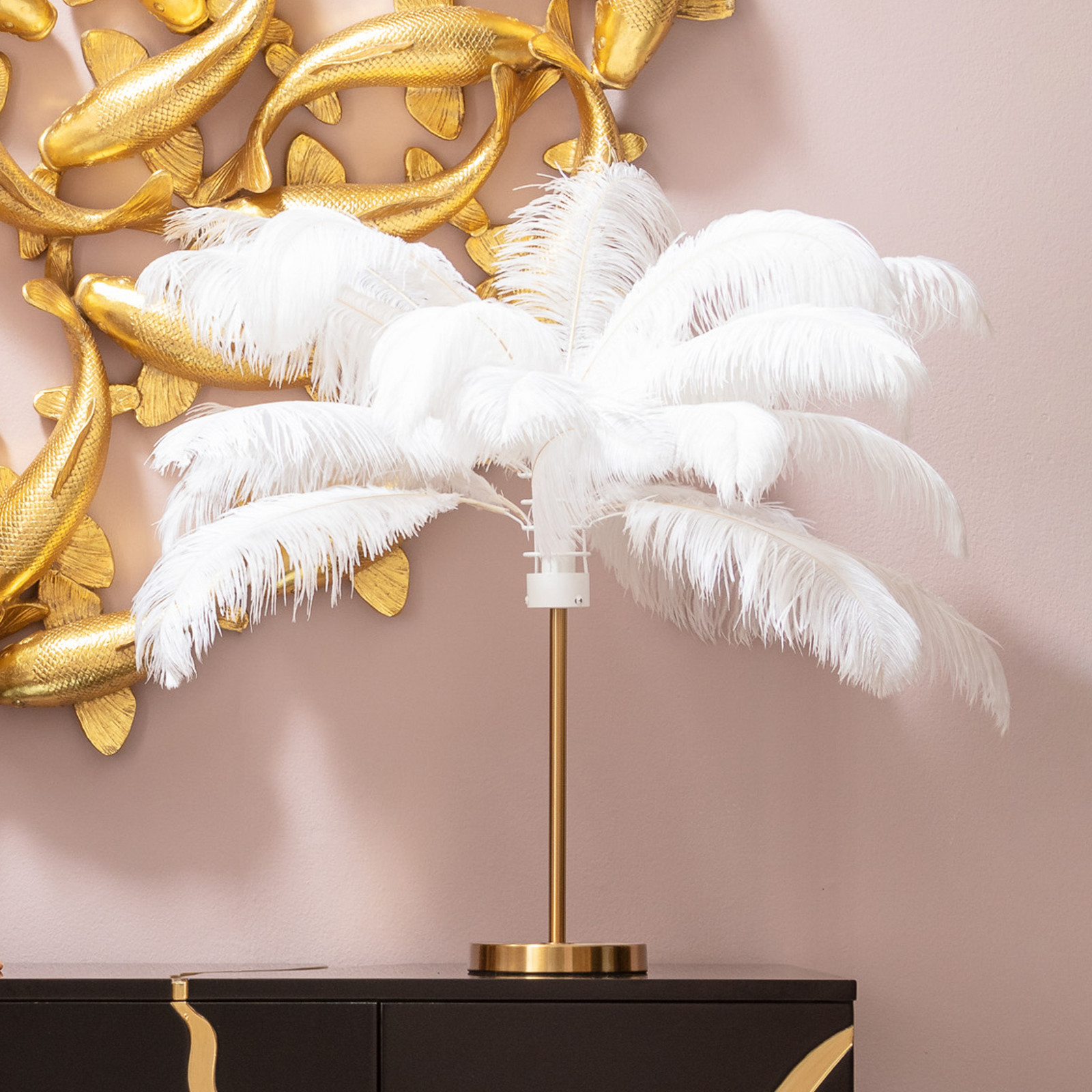 KARE Namizna svetilka Feather Palm s perjem, bela - Dnevna soba / jedilnica - Dizajn - bela, medeninasta - Kovina