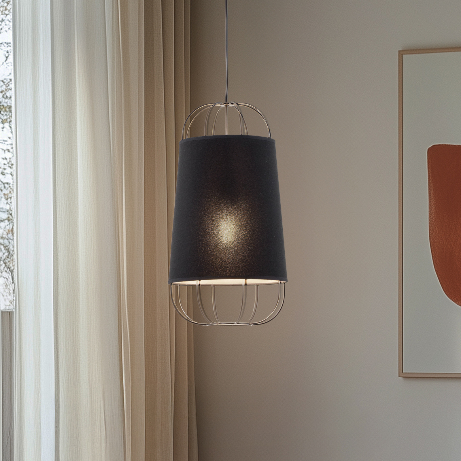 Hengelampe Lantern small, tekstil, metall, svart Hengelampe Lantern small, tekstil, metall, svart