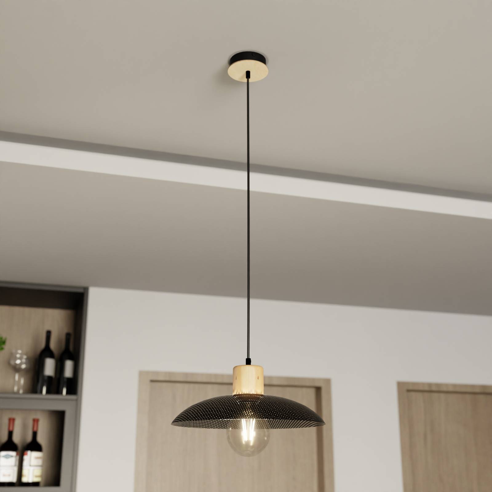 Lampa wisząca Kobe, 1-punktowa, stal, drewno, czarny