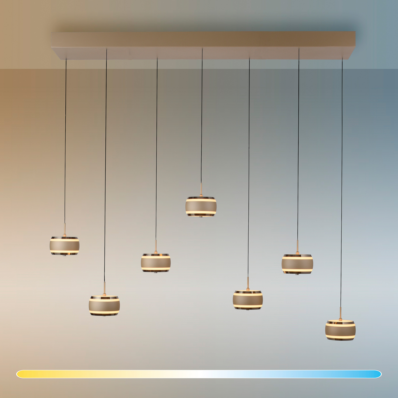 PURE LED-Hängelampe Falling Rings, bronze Länge 132 cm 7-fl.