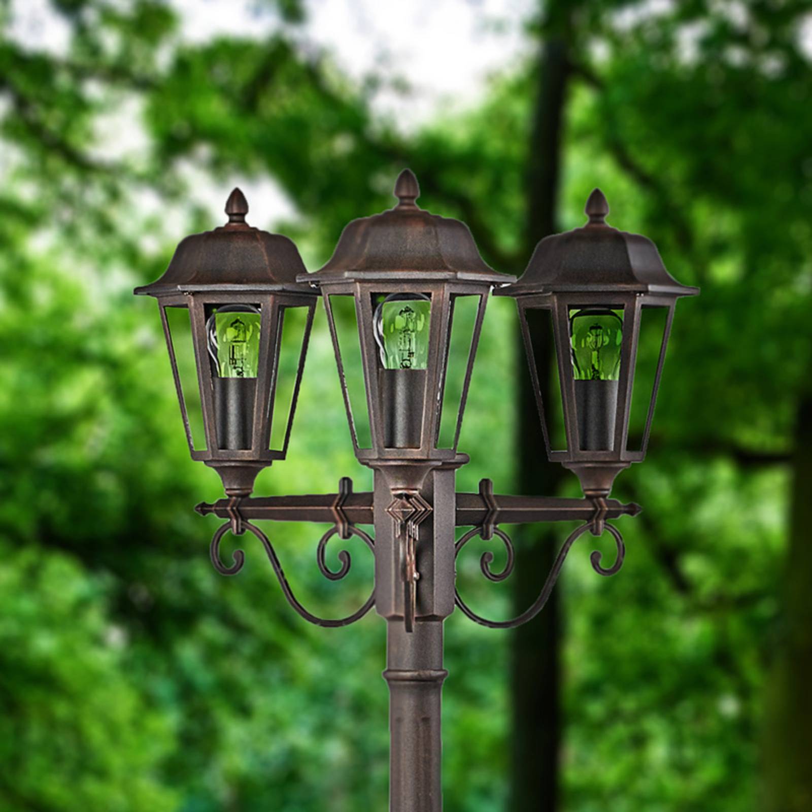 Lampa zewnętrzna Lindby Lamina, 172 cm, 3-punktowa, czarny-rdzawy, E27