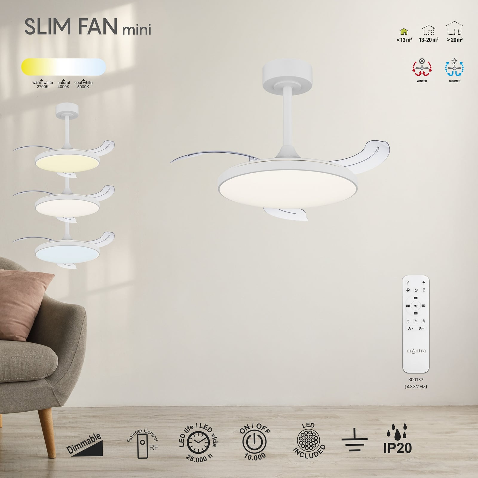 LED plafondventilator Slim Mini wit DC stil CCT - Mantra LED plafondventilator Slim Mini wit DC stil CCT - Mantra
