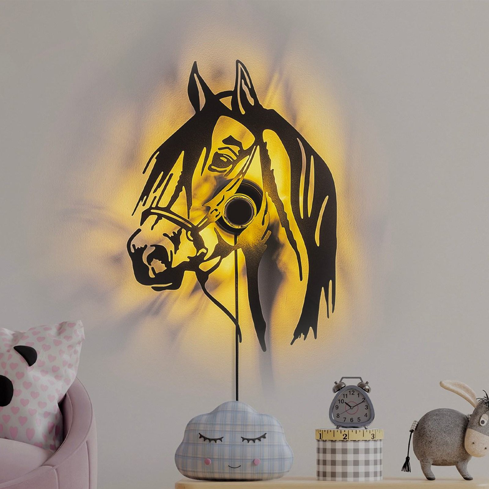 Horse wall light, black, metal, 57 x 41 cm, plug cable