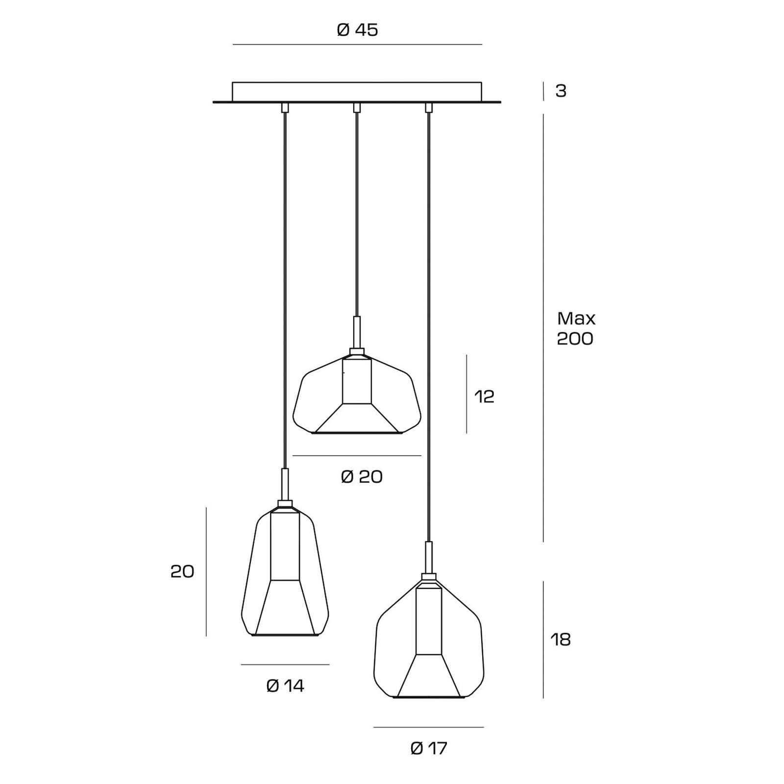 Lampada a sospensione X-Ray, bronzo/rame/oro, a 3 luci con vetro rotondo