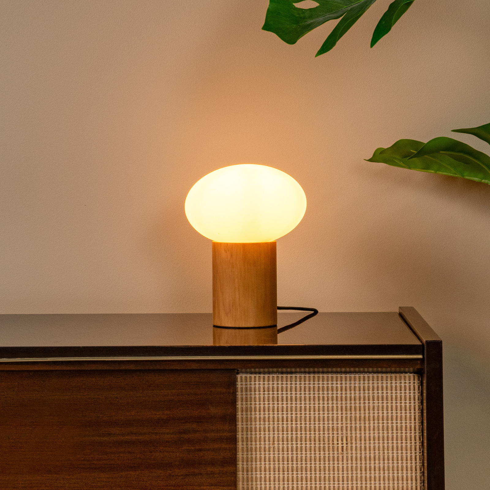 Tafellamp Birtle, hoogte 38 cm, wit/licht hout, hout/glas