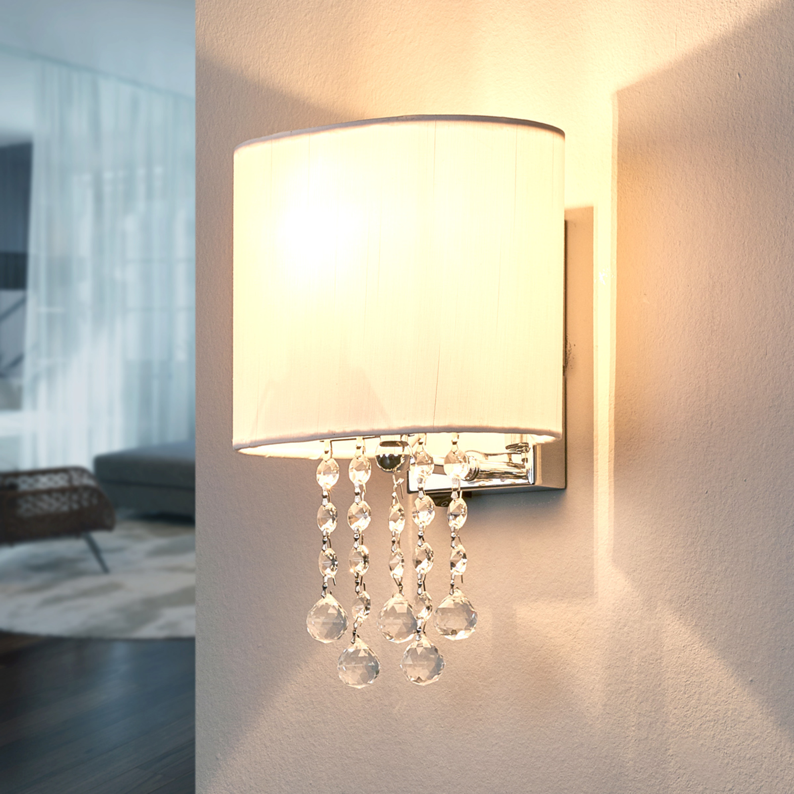 Searchlight Nina wall light with a fabric lampshade, for Living / Dining Room, metal, fabric, glass, E14, 40 W, energy efficiency: A++, W: 18 cm, H: 26 cm