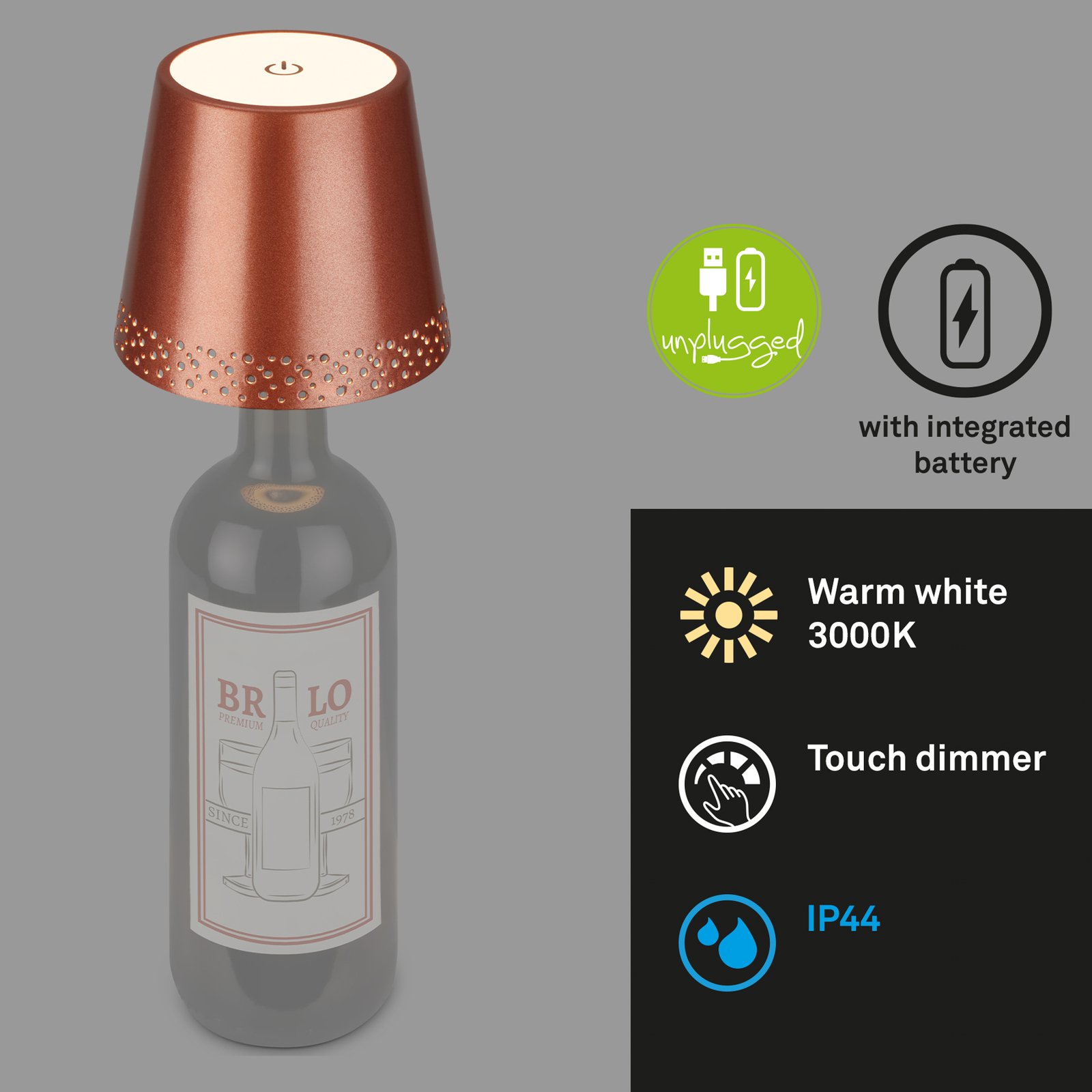 Luz LED recarregável para garrafas IP44 com regulador de intensidade, cobre