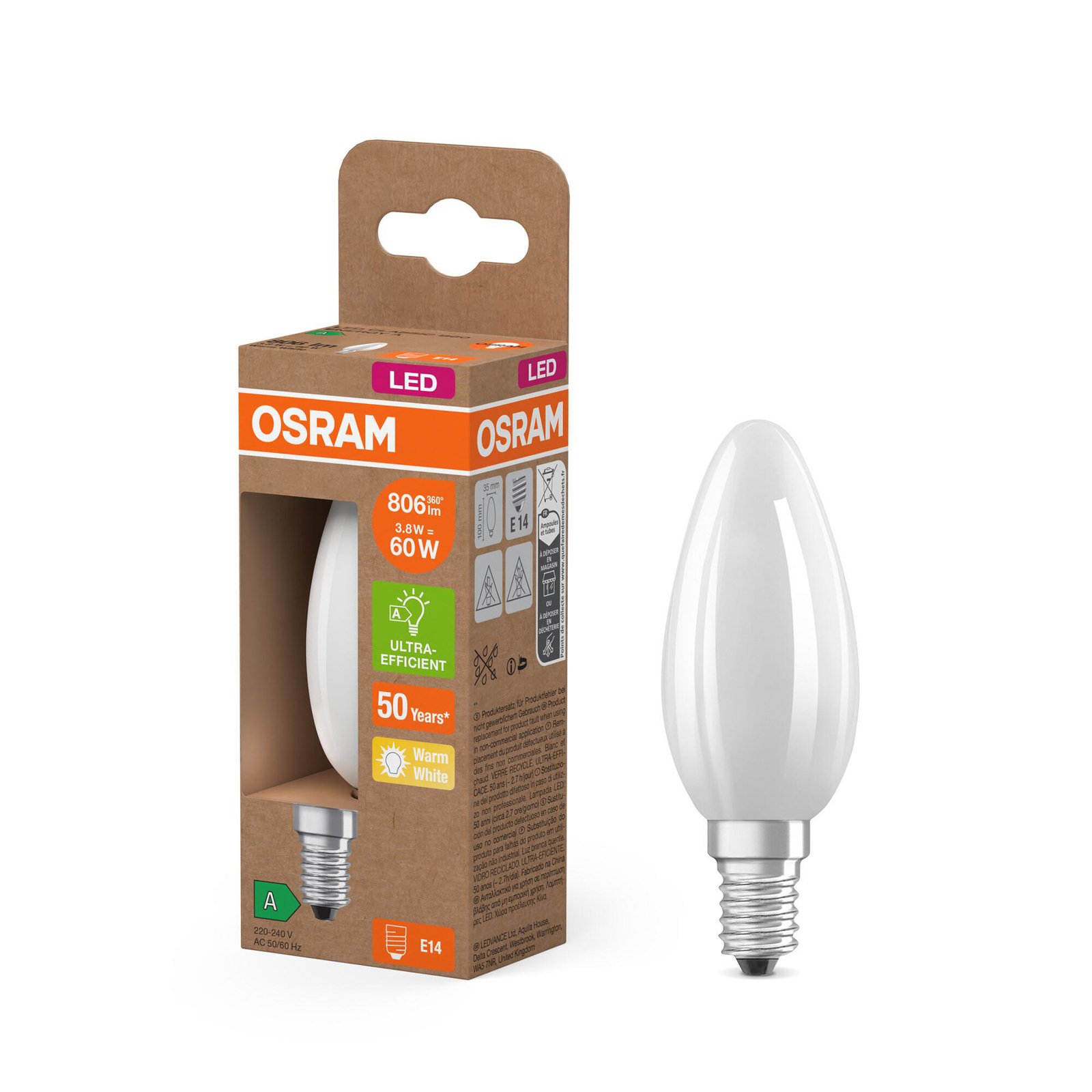 Λαμπτήρας LED OSRAM κερί ματ E14 3.8W 2700K 806lm