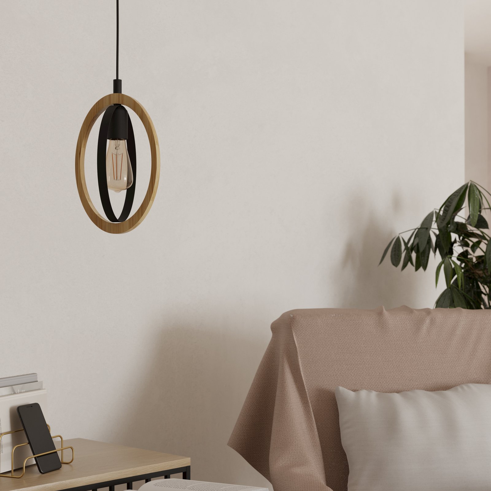 Hengelampe Basildon av tre/stål, 1 lyskilde