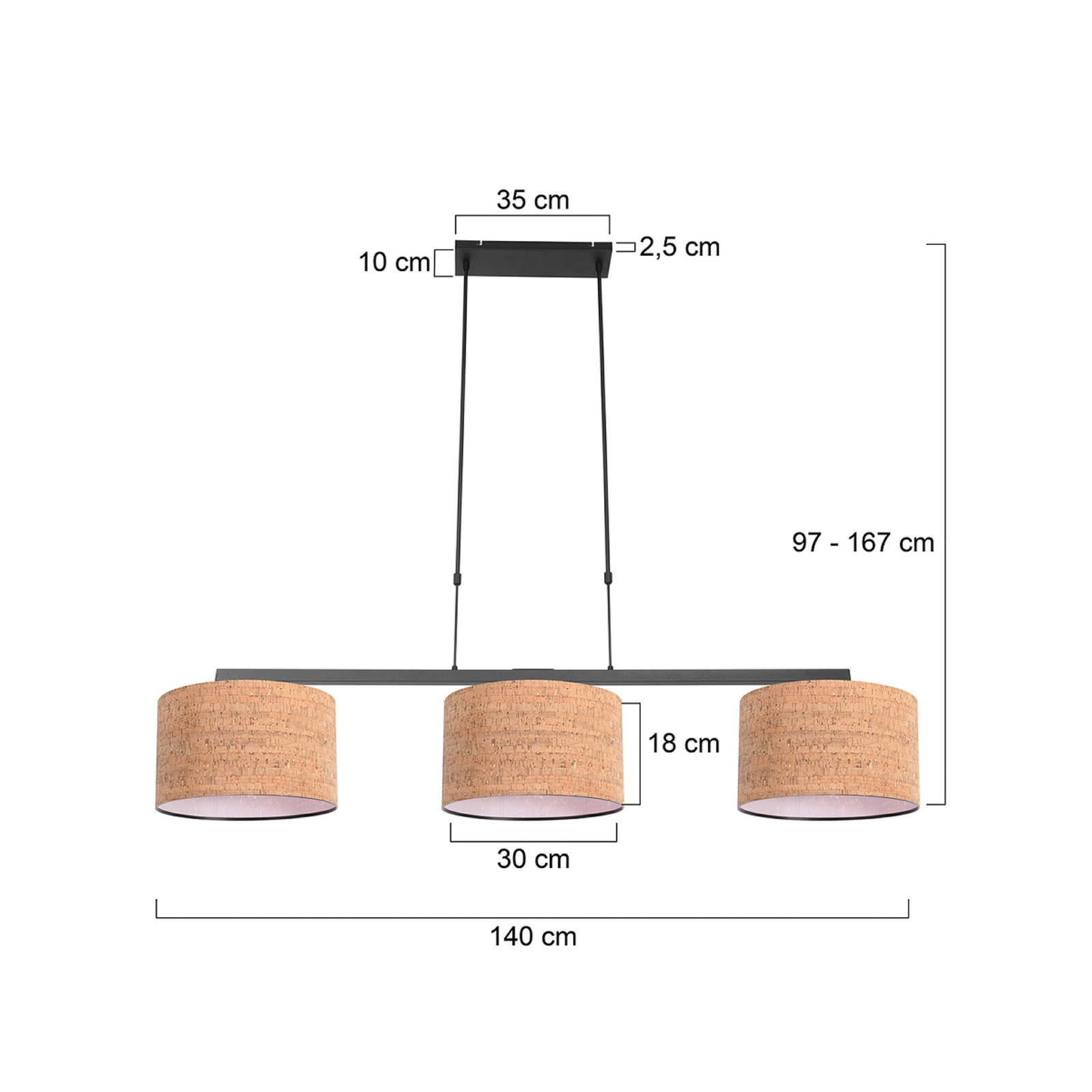 Lampada a sospensione Stang, nero/marrone, lunghezza 140 cm, sughero, a 3 luci.