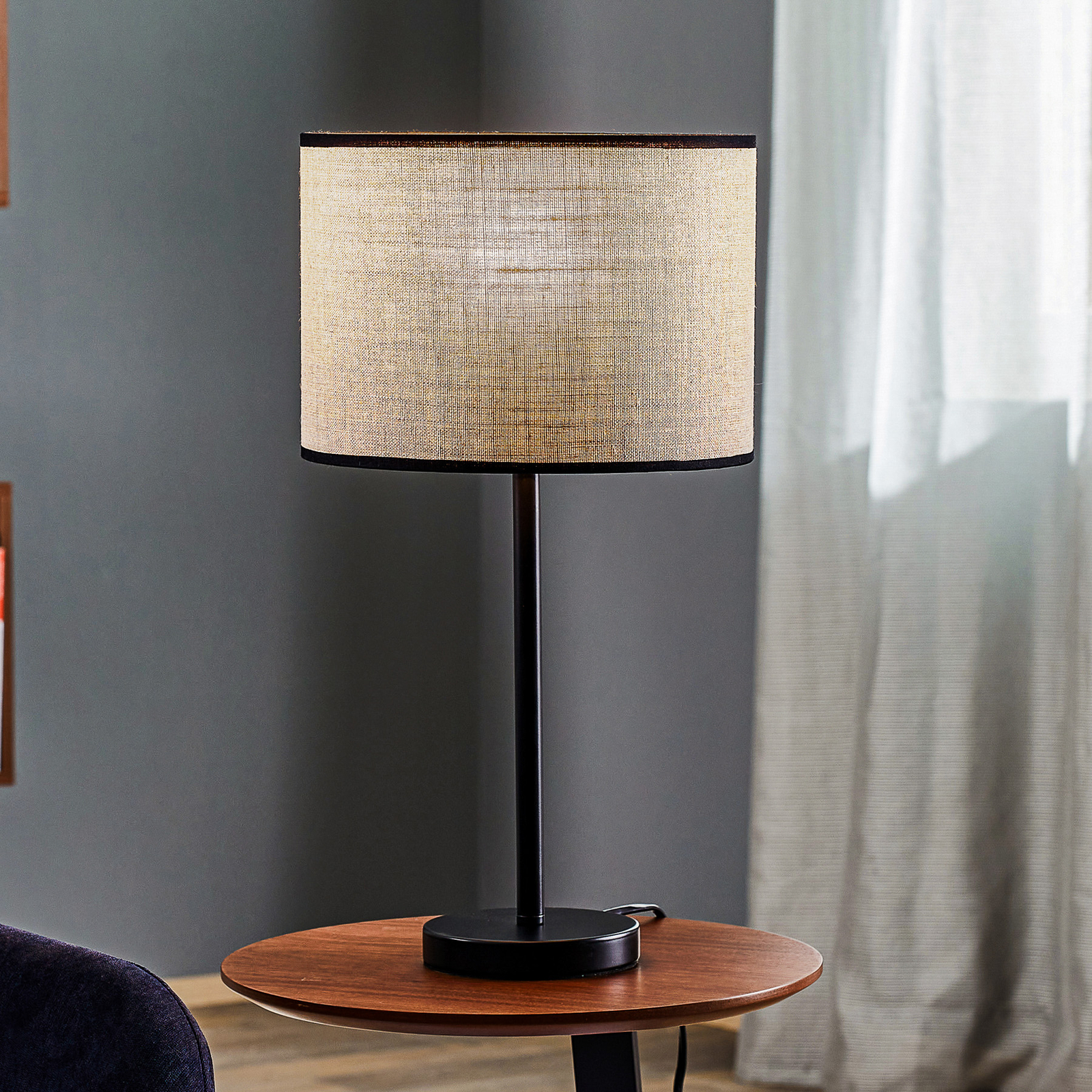 Lampe à poser Tubo, abat-jour tissu, beige, Ø25 cm