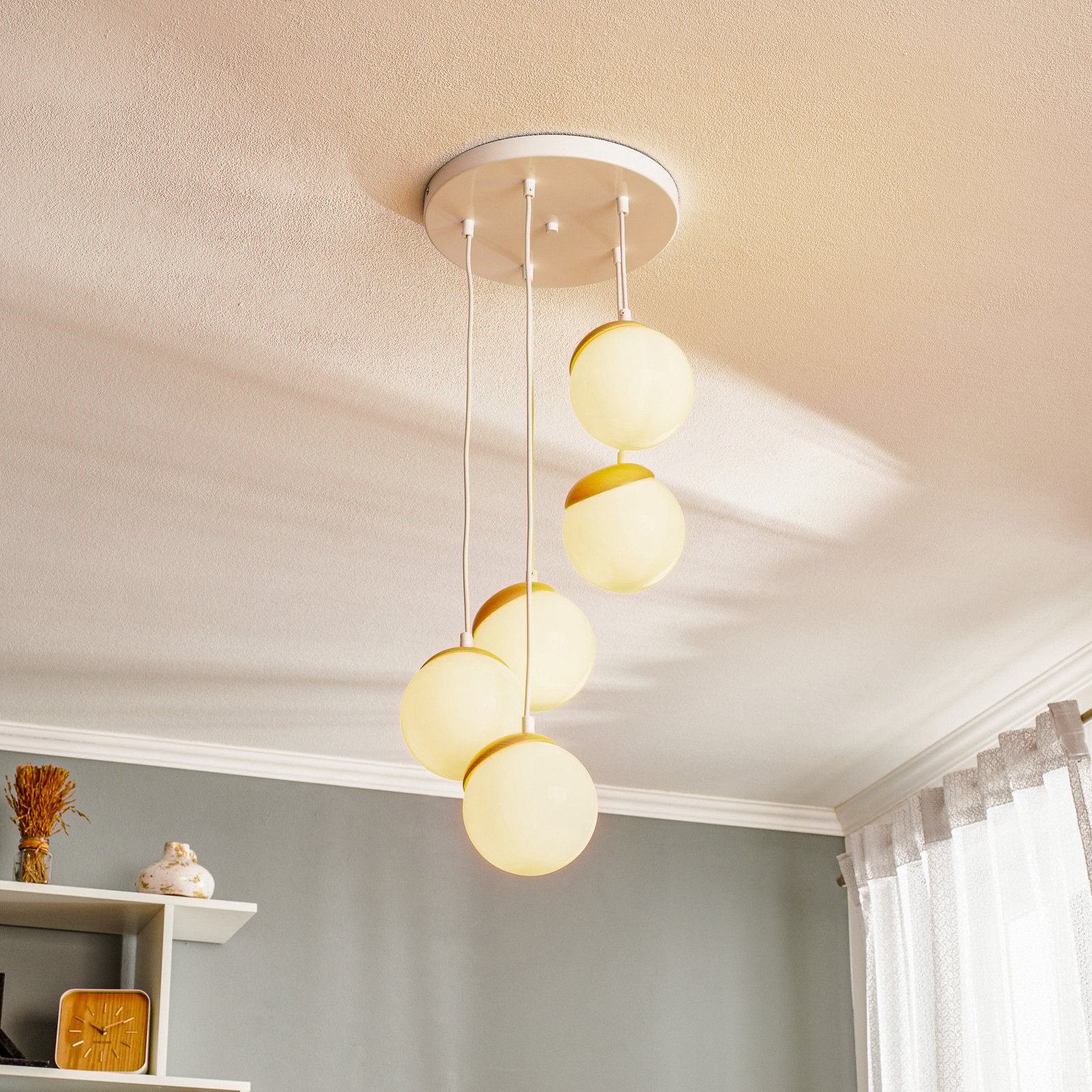 Eko-Light Lampă suspendată Sfera cu 5 becuri sticlă/lemn deschis - Camera de zi / sufragerie - Modern - opal lemn deschis alb