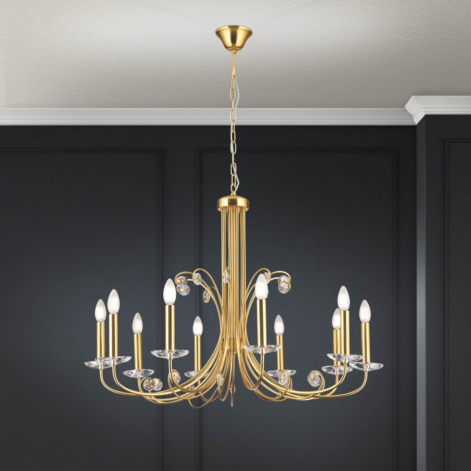 Ariane chandelier, gold-coloured, Ø 92 cm, crystal, 10-bulb.