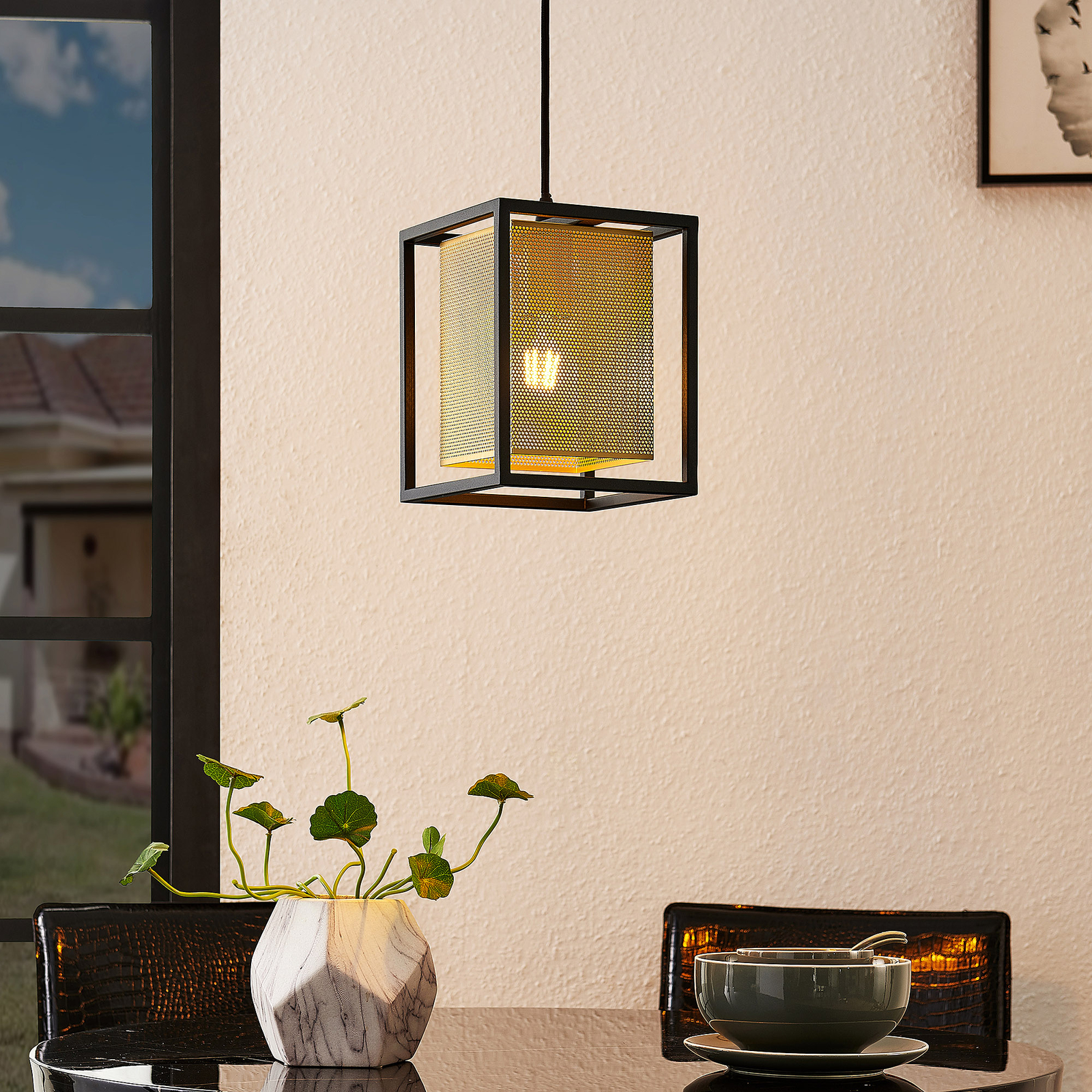 Lindby Daiana hanging light, honeycomb pattern, 1-bulb, for Living / Dining Room, steel, E27, 60 W, energy efficiency: A++, L: 18 cm, W: 18 cm
