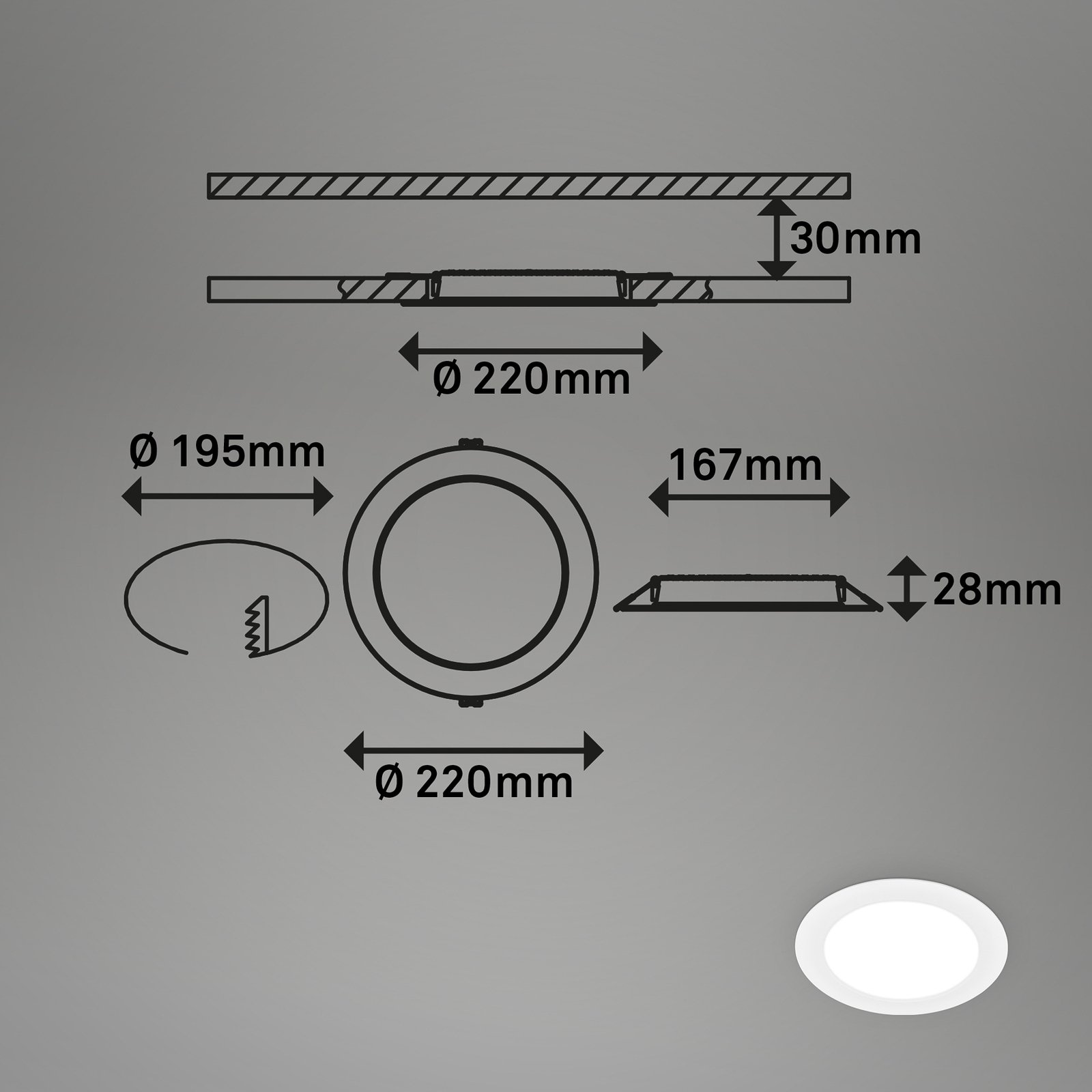 LED indbygningslampe Jeft, Ø 22 cm, hvid, 4000K, dæmpbar