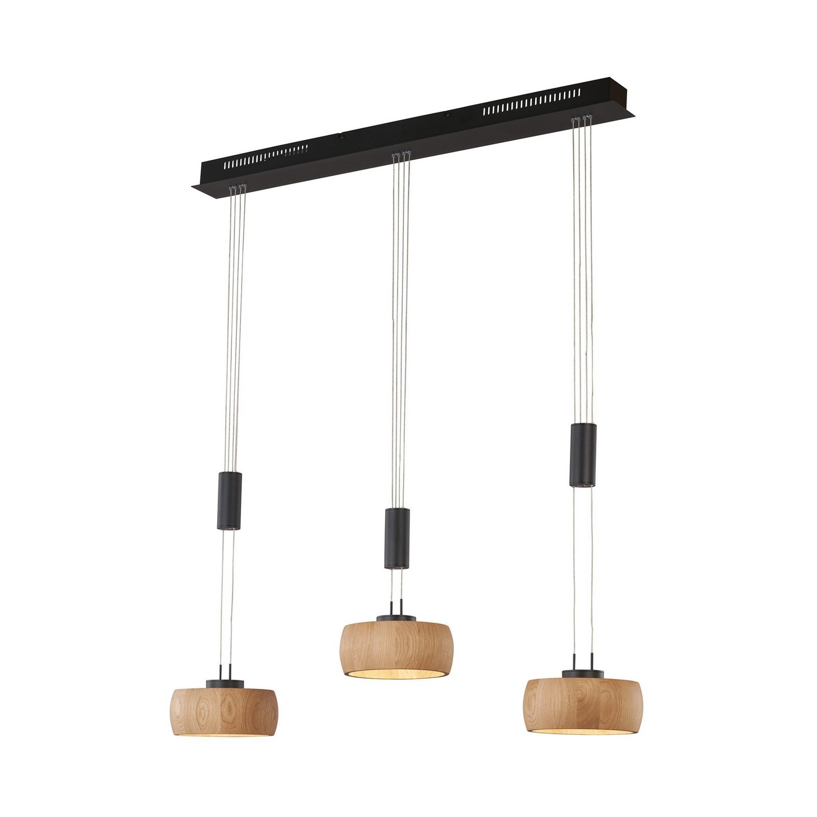 Candeeiro suspenso LED Shine-Wood, carvalho/preto Comprimento 100 cm 3 lâmpadas.