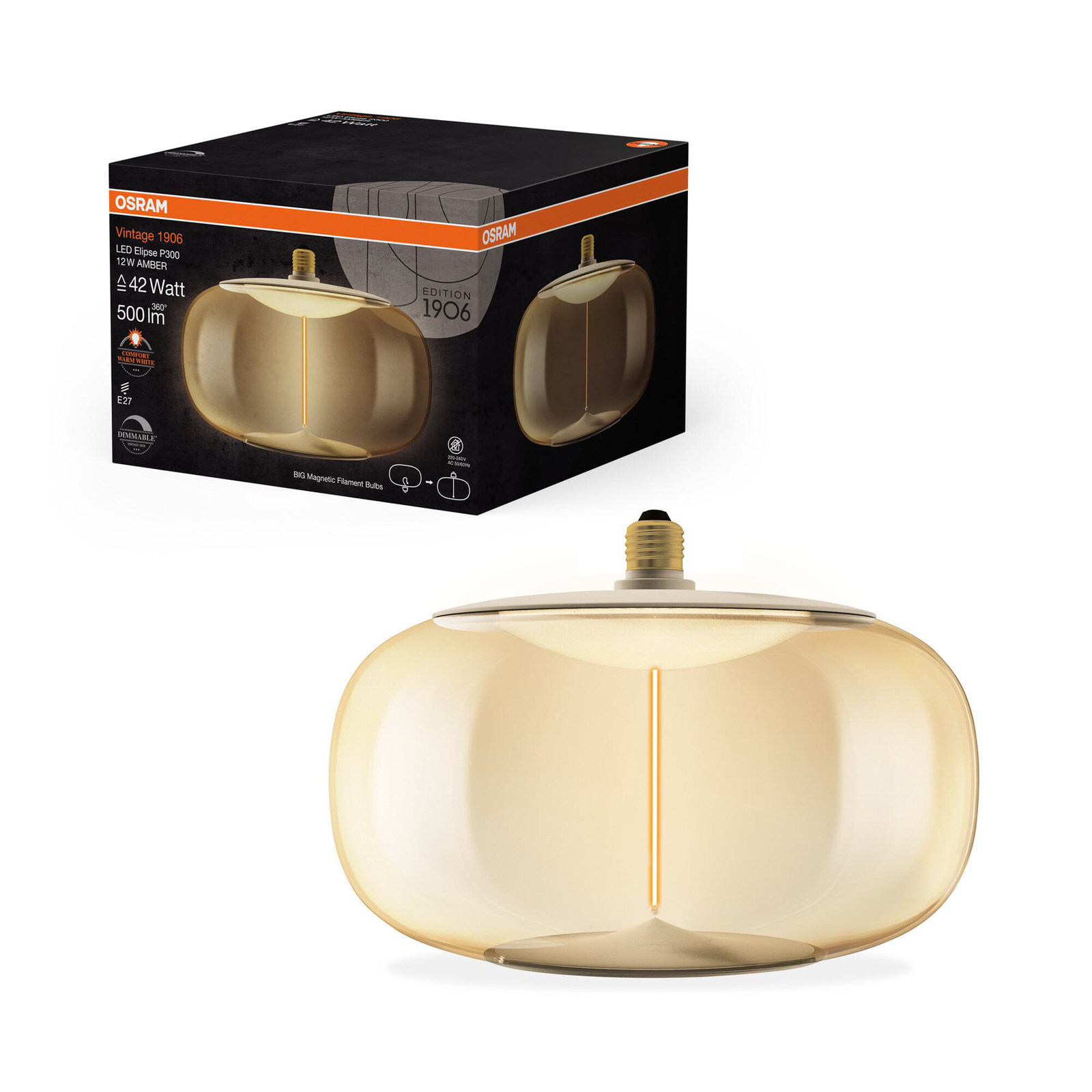 OSRAM LED Vintage Big Elipse E27 12W 818 Filament ambre à intensité