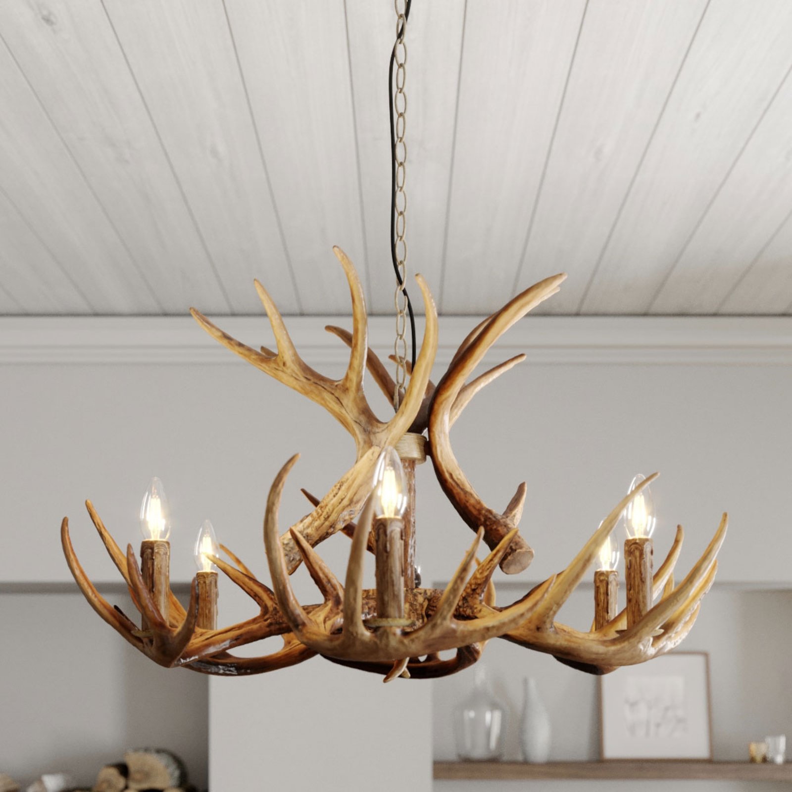 Lindby Fibi hanging light, antlers, brown | Lights.co.uk