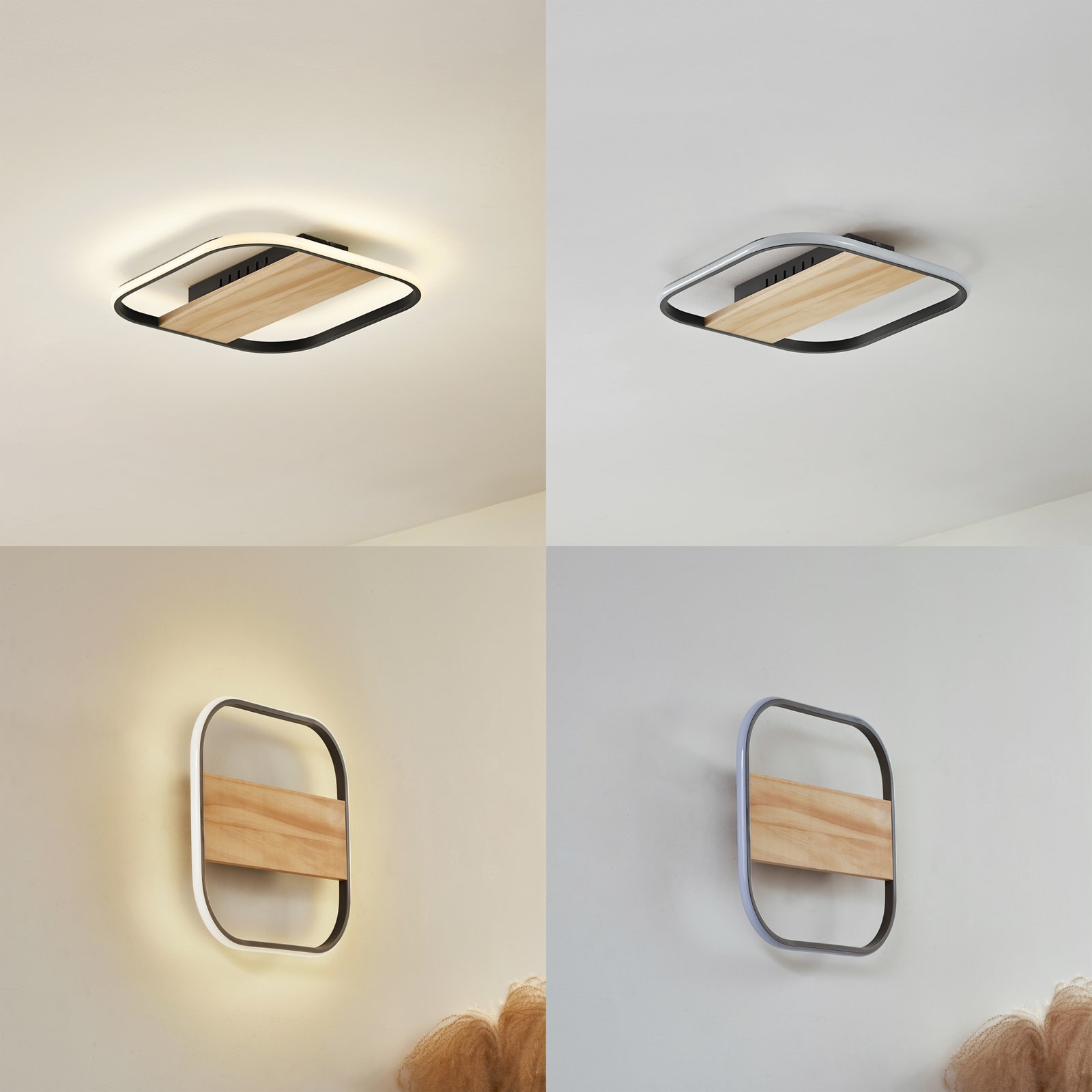 Lindby LED ceiling light Romilda, grey, wood, 37 cm wide