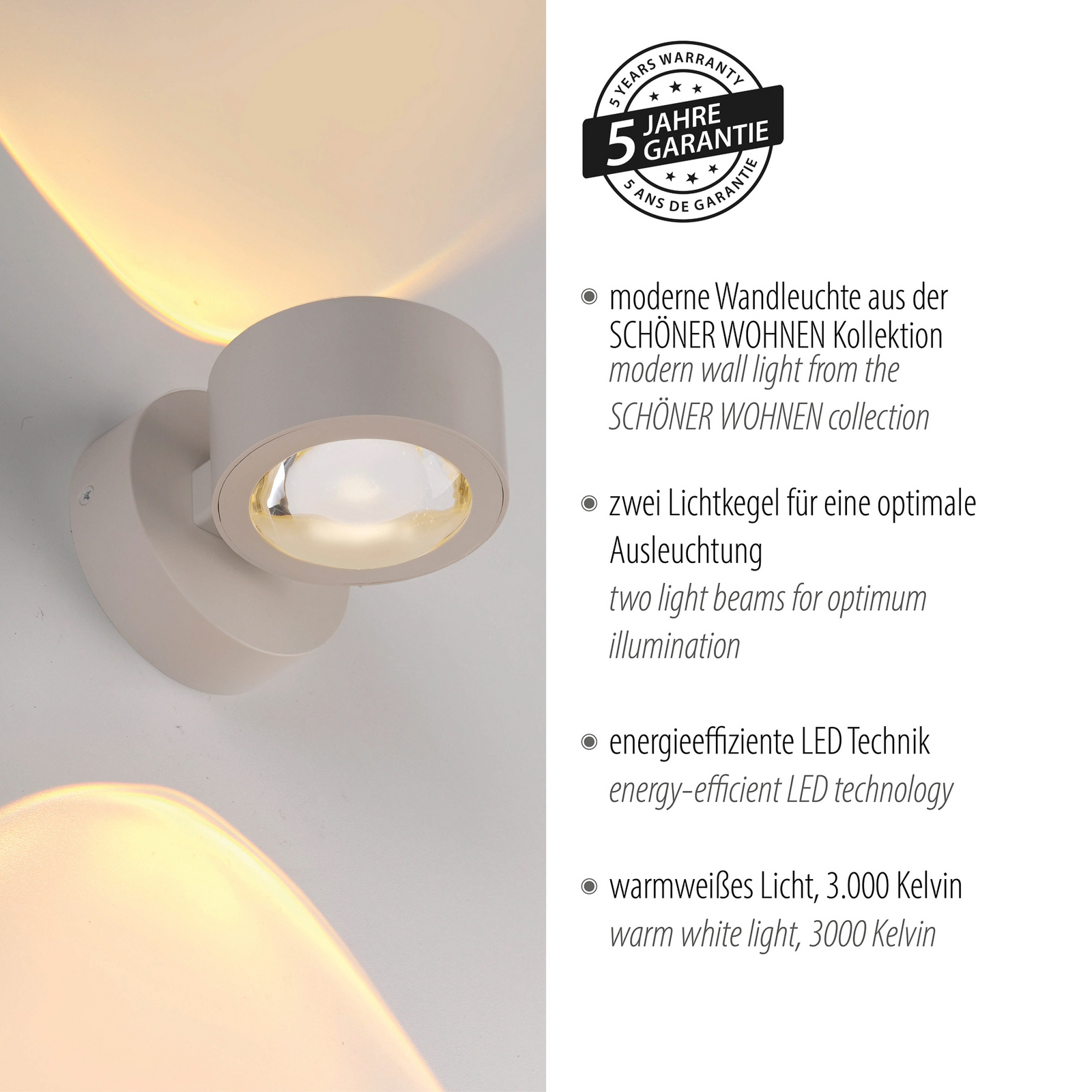 Schöner Wohnen LED wall lamp Chia, sand breeze 3,000 K up/down Schöner Wohnen LED wall lamp Chia, sand breeze 3,000 K up/down