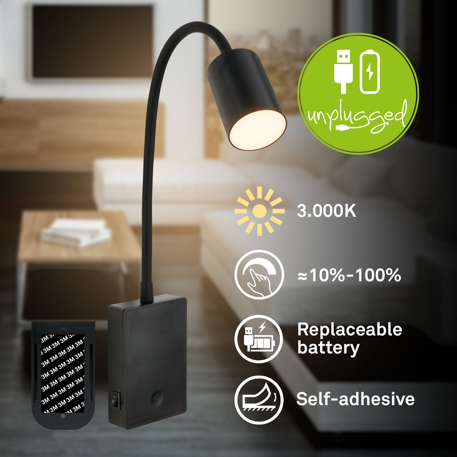 LED-läslampa med batteri Brilo unplugged Smooth, svart, med dimmer LED-läslampa med batteri Brilo unplugged Smooth, svart, med dimmer