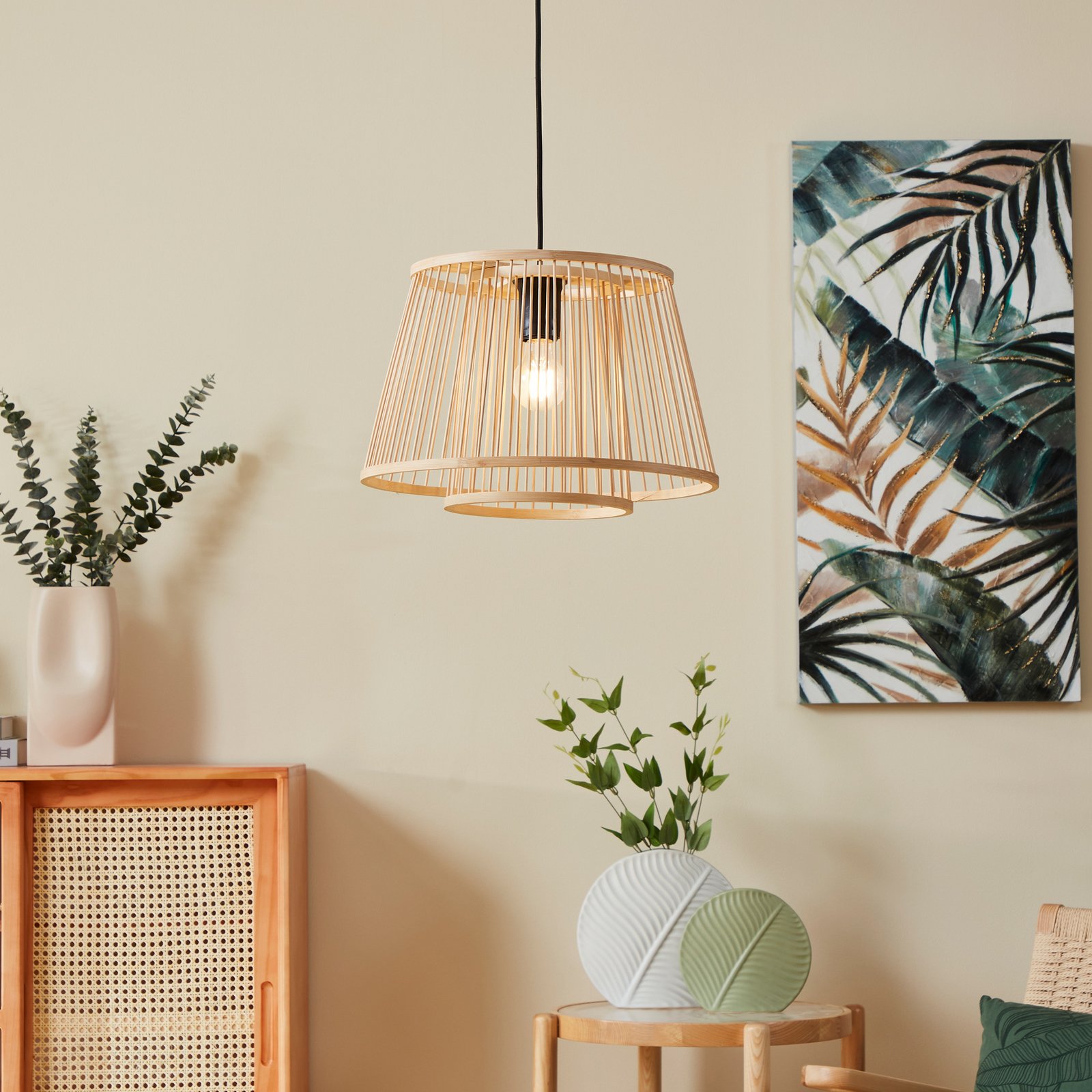 Candeeiro suspenso Hykeham, Ø 38 cm, natural, bambu