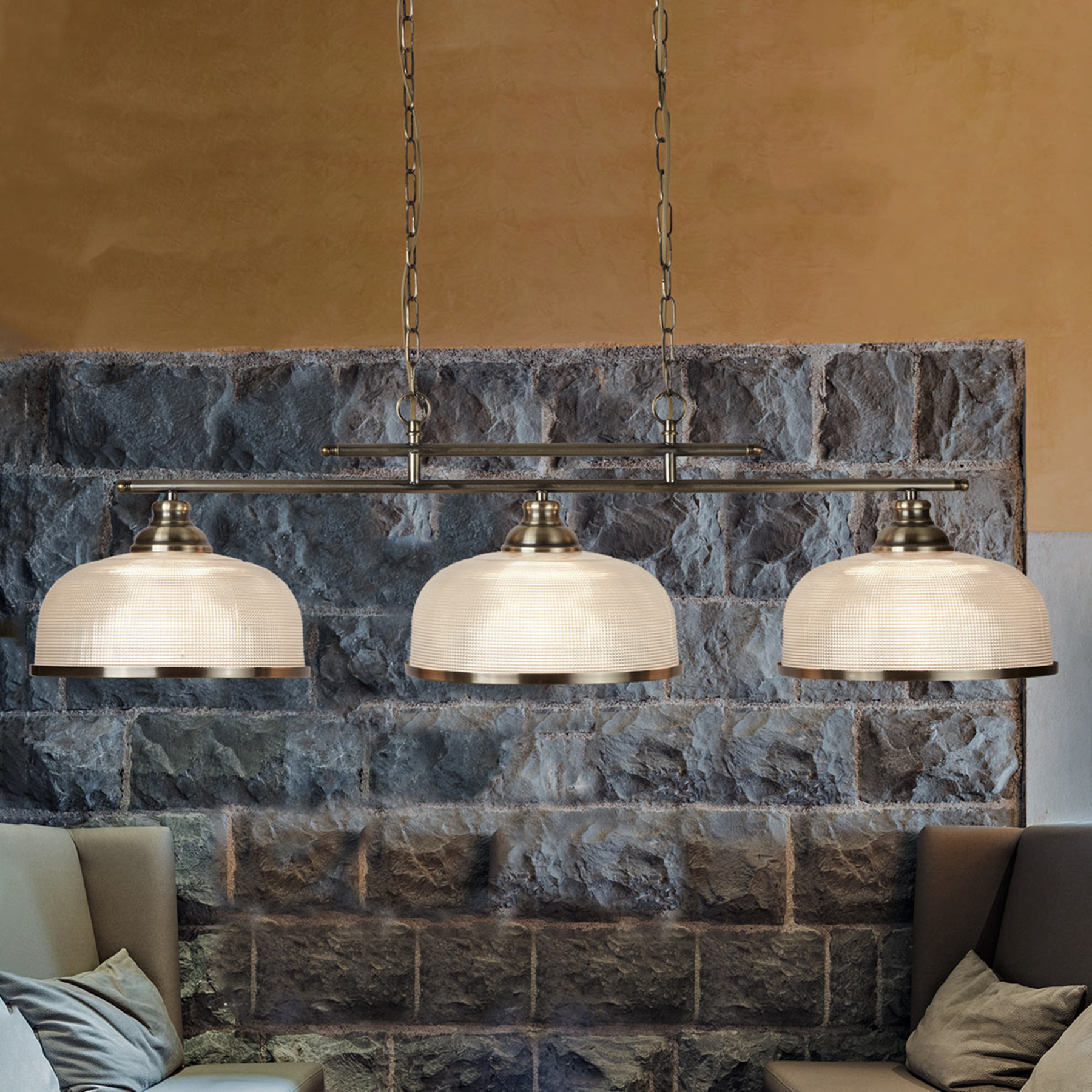 Searchlight Antique brass Bistro II hanging light, three-bulb, for Living / Dining Room, metal, holophane glass, E27, 7 W, energy efficiency: A++, L: 99 cm, W: 27 cm