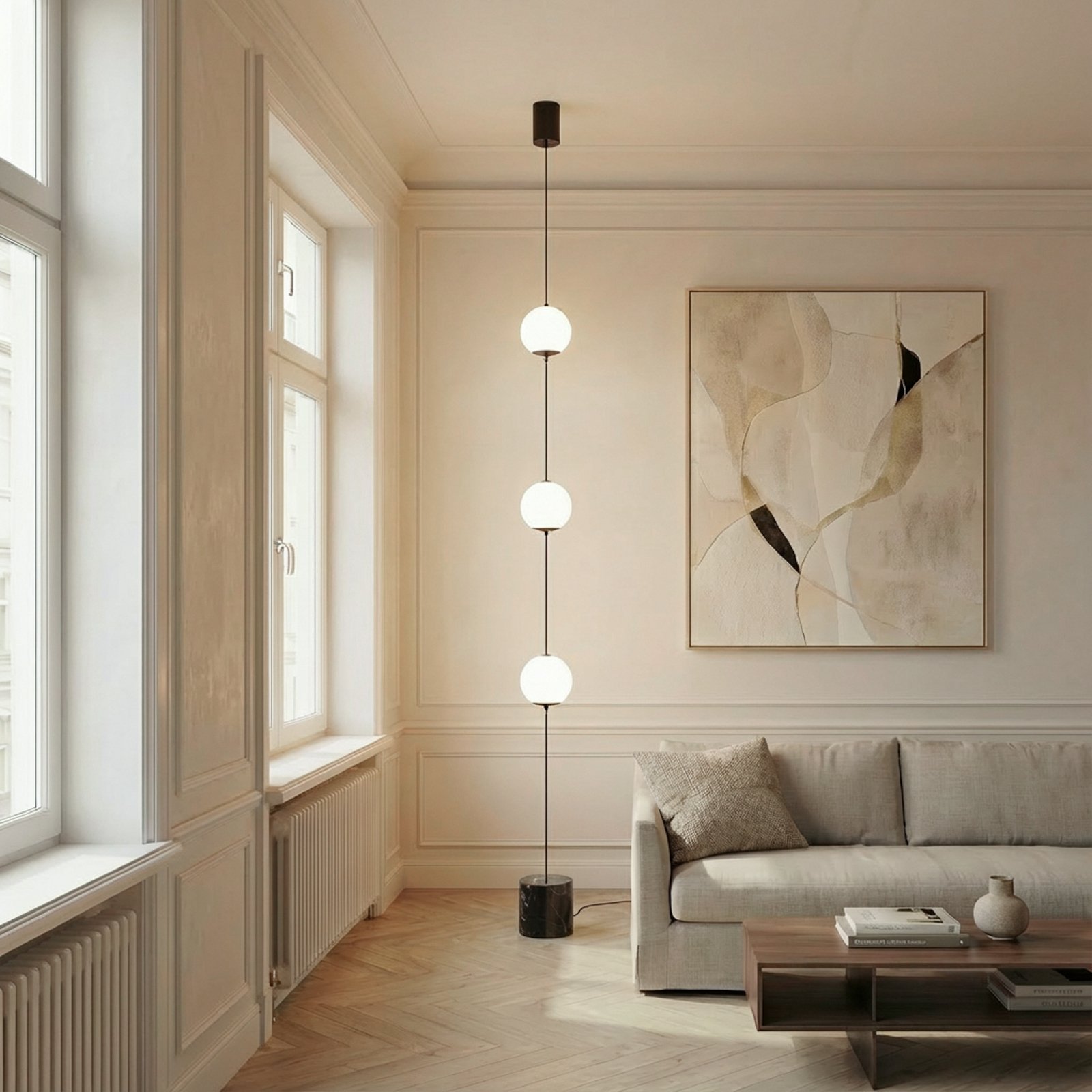 Lucande LED floor lamp Sphere, black/opal, glass, dimmable