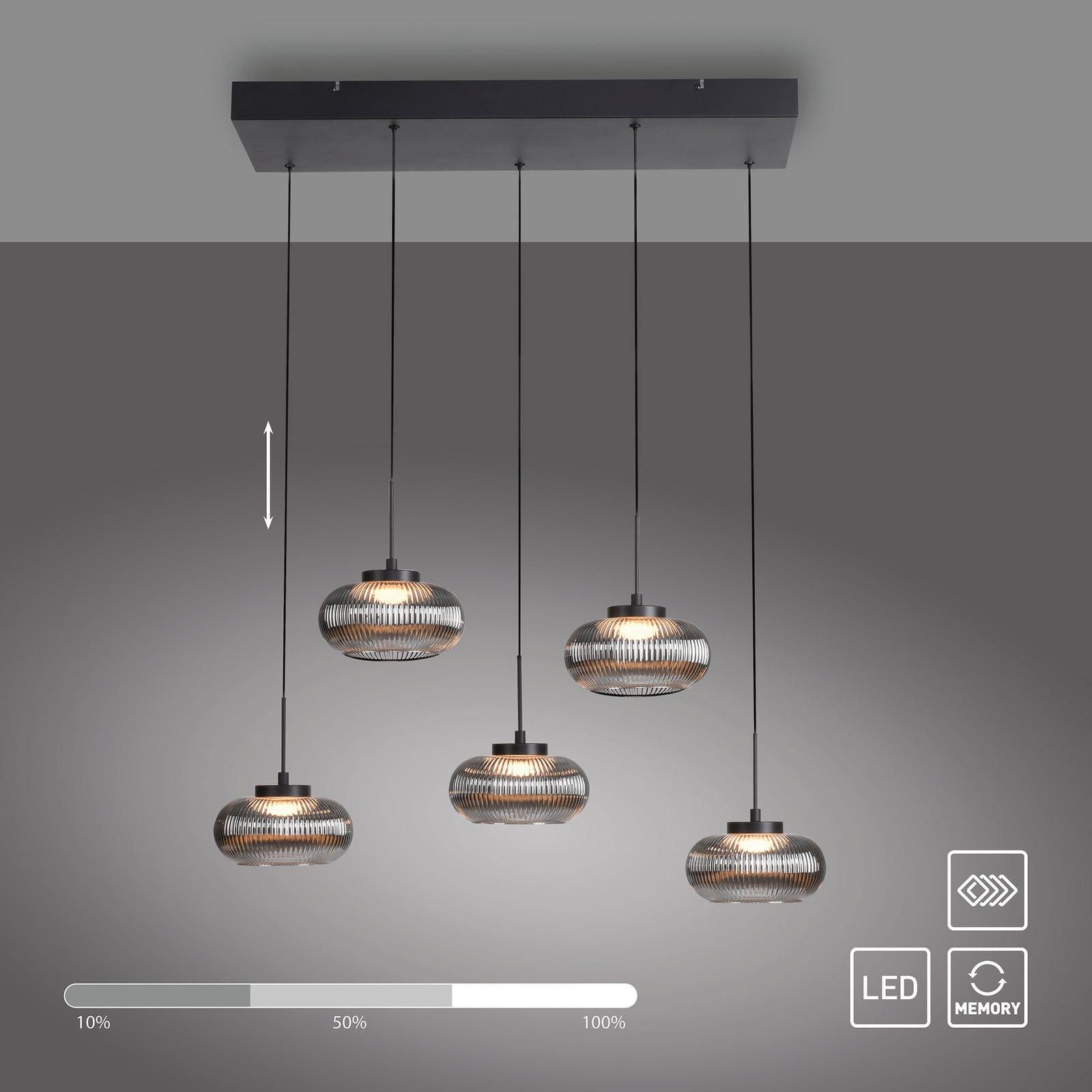 Lámpara colgante LED Noctis, 5 luces, gris ahumado, cristal, atenuable, 3.000 K