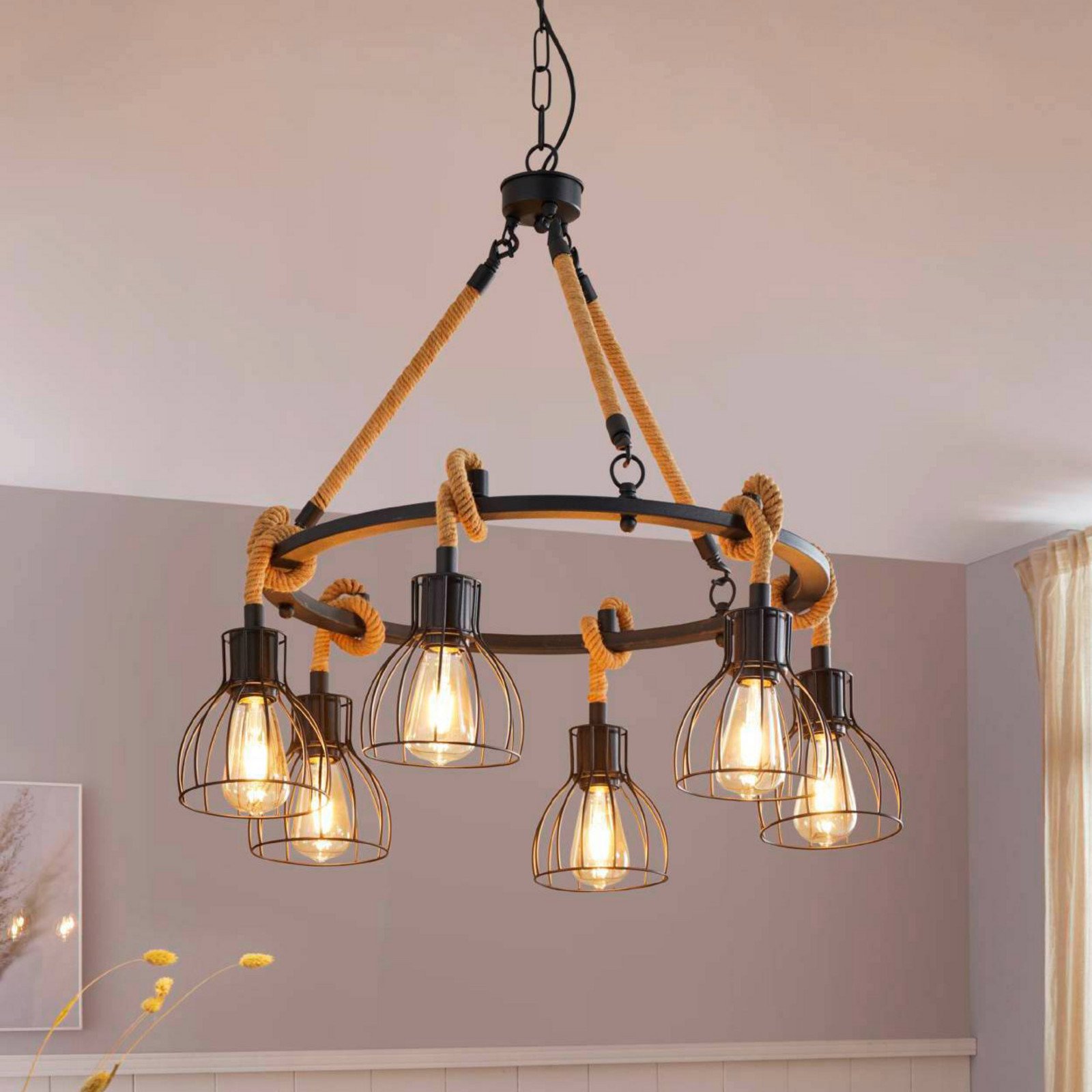 EGLO Rampside lampă suspendată cu 6 abajururi tip cușcă - Camera de zi / sufragerie - Casă de țară / Rustic - natural negru - Metal